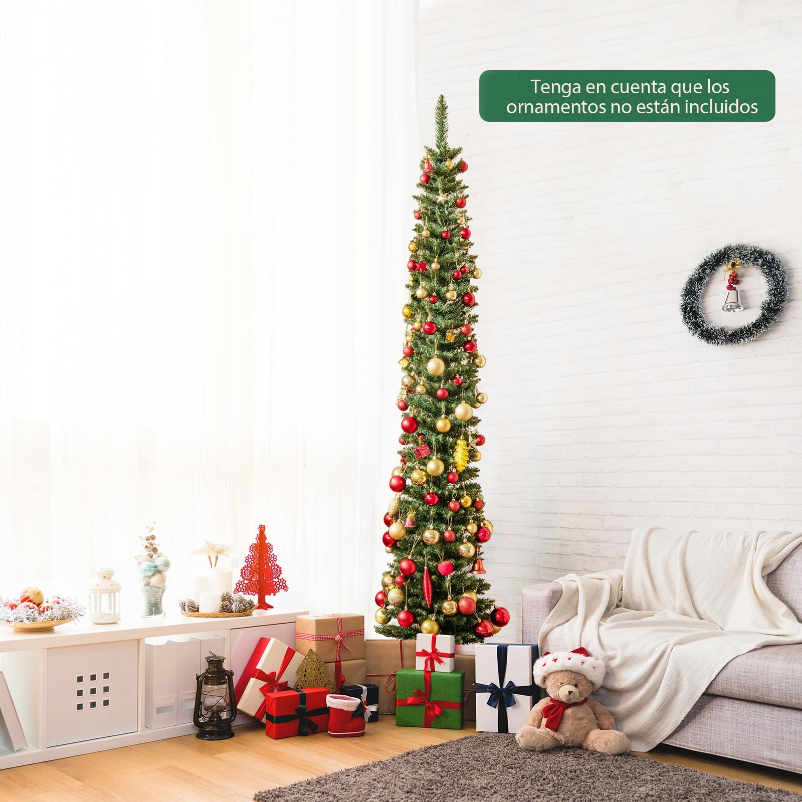 COSTWAY Arbol de Navidad con Luces Incorporadas 210 CM, Arbol de Navidad Slim/Estrecho, 499 Puntas, 200 Luces LED Blancas Cálidas, Arvore de Natal Casa Oficina Escuela Tienda