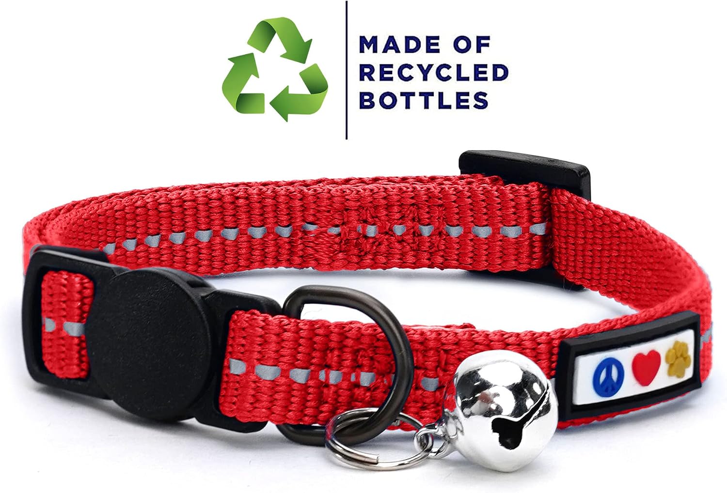 Pawtitas Recycled Red Reflective Cat Collar – Eco-Friendly Breakaway Safety Buckle, Adjustable Kitten & Adult Collar with Removable Bell and High-Visibility Strap image 2