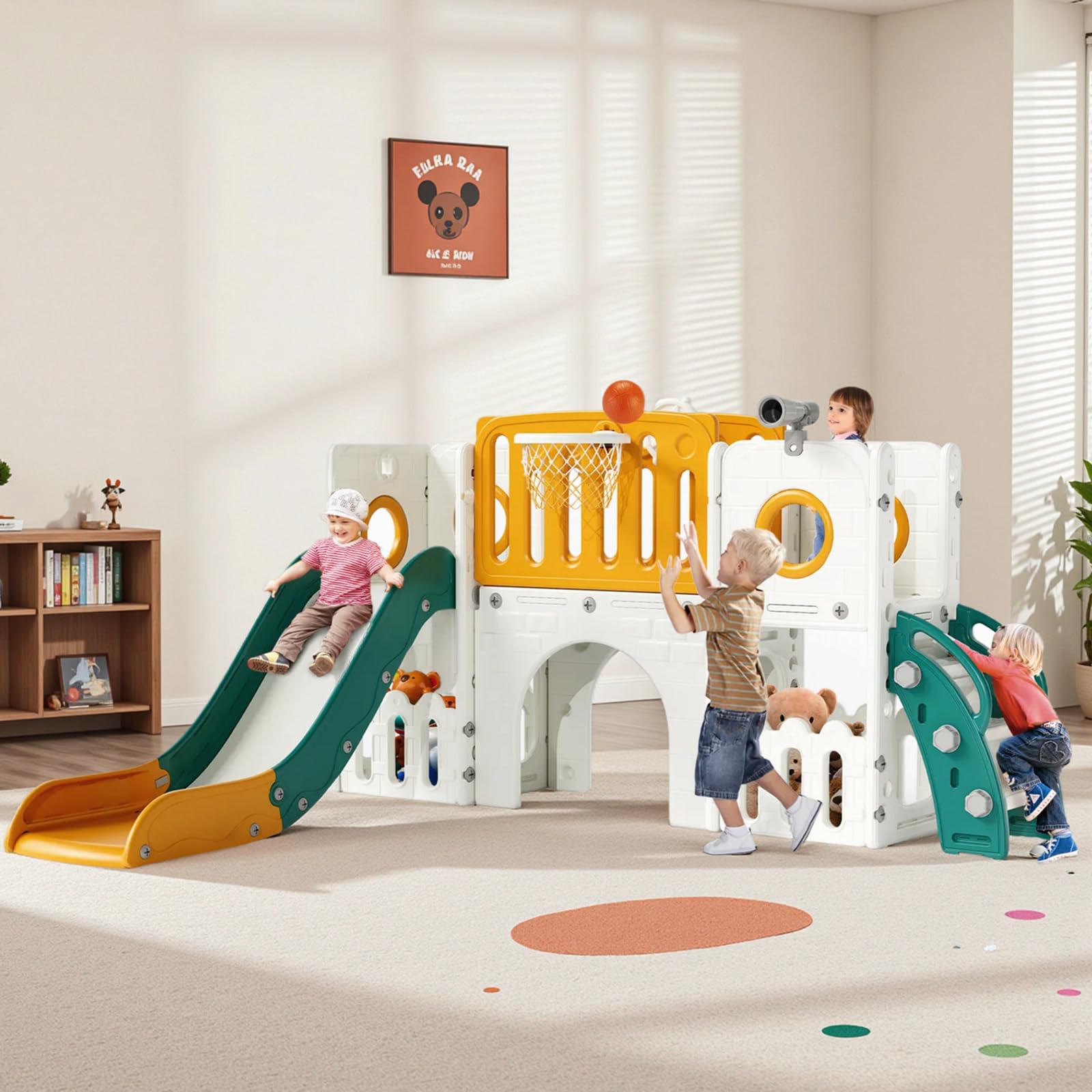 Toboggan 9 En 1 MAMIZO – Avec Escalade, Basket, Tunnel, Télescope – Intérieur/Extérieur – Dès 2 Ans