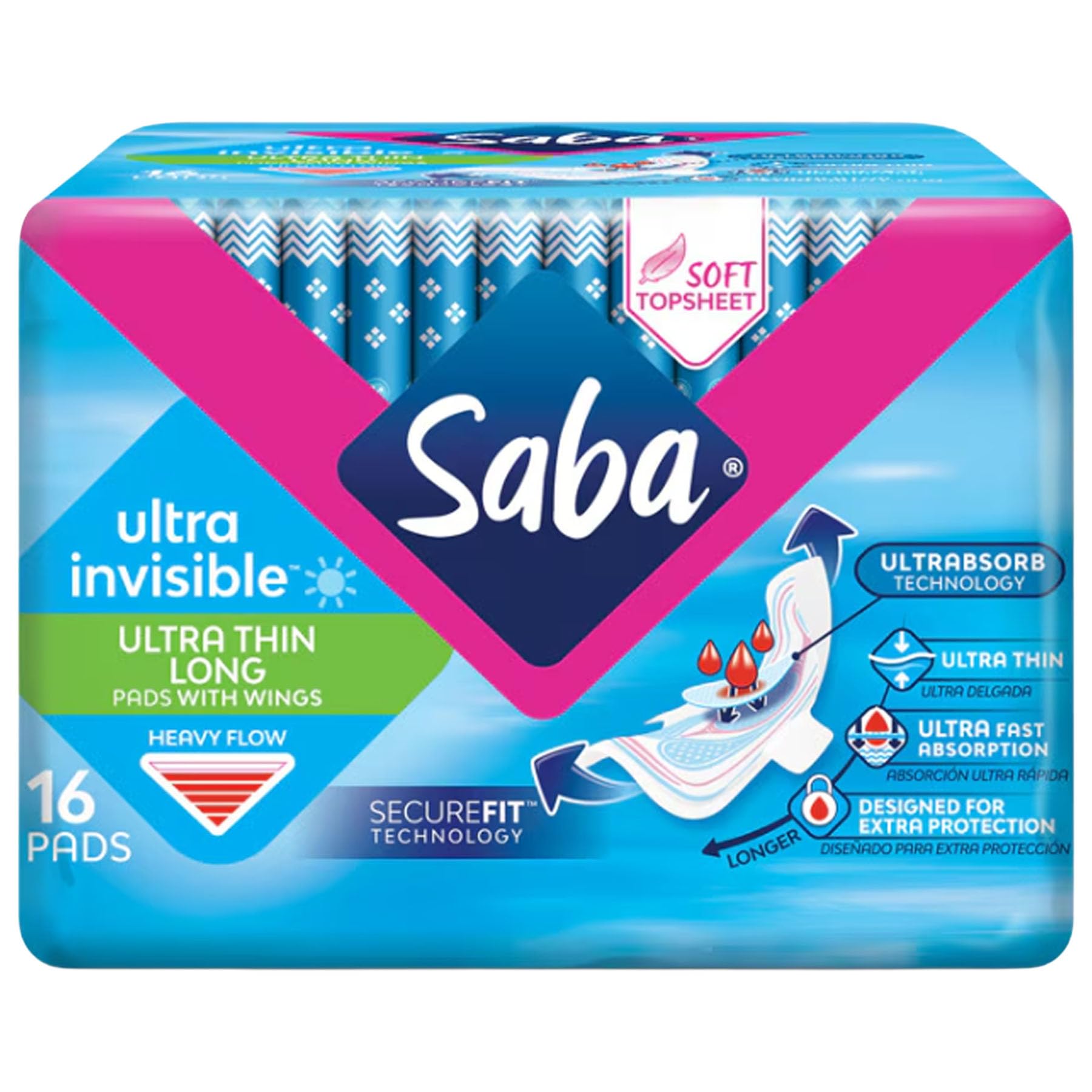 SABA Ultra Invisible - Almohadillas largas ultrafinas con alas, flujo regular, 16 unidades (paquete de 3)