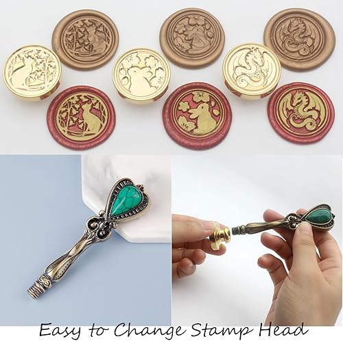 Miniatura 2 de Kit de sellos de cera con 3 cabezas de latón, diseño de dragón, gato, conejo, mango de metal vintage, con cuentas de sello de cera, herramientas más