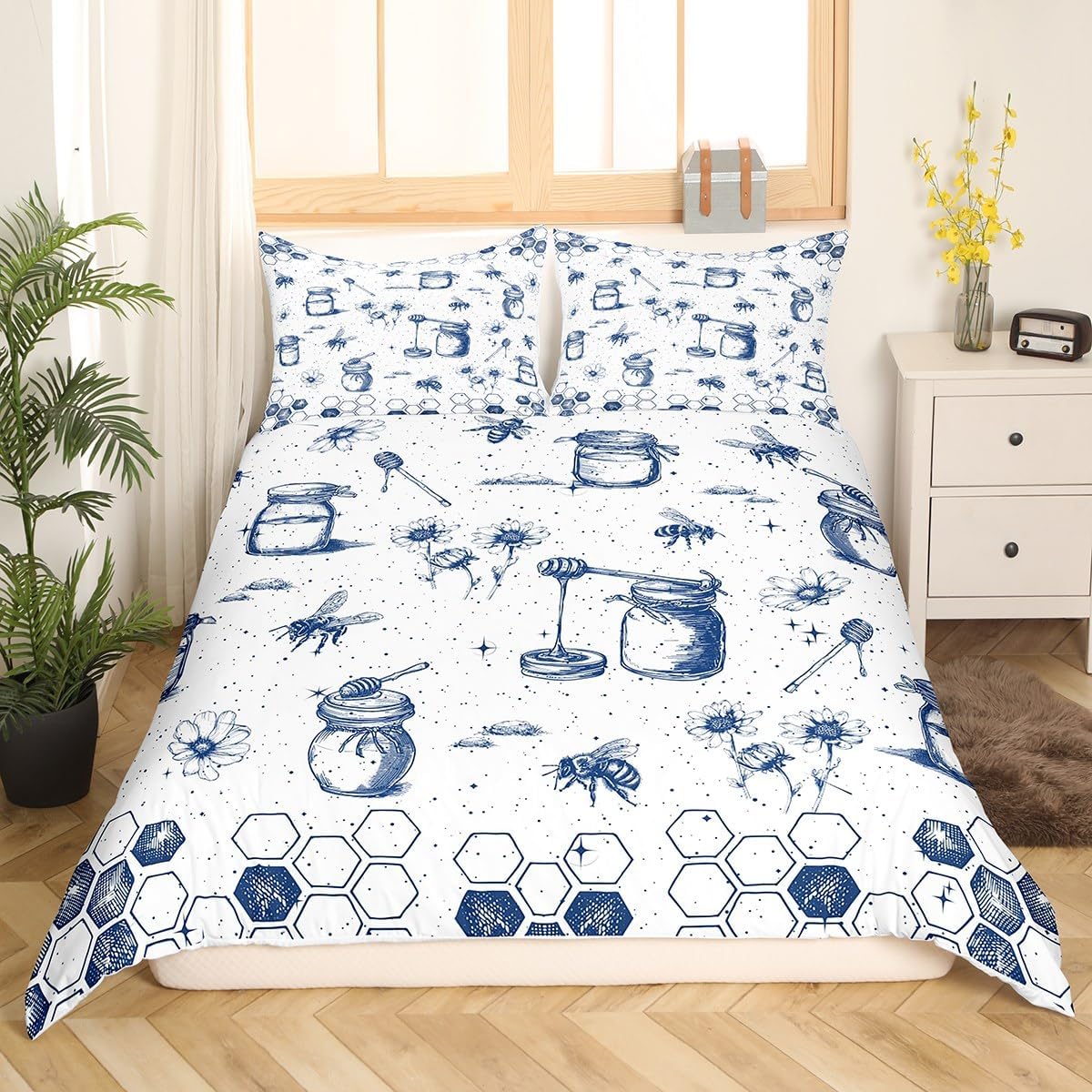 Feelyou Honeycomb Bedding Set King Size Kids Bee Print Geometrical Comforter Cover Set for Boys Girls Teens Hexagonal Floarl Flowers Duvet Cover Blue White Beehive Bedspread Cover Room Decor