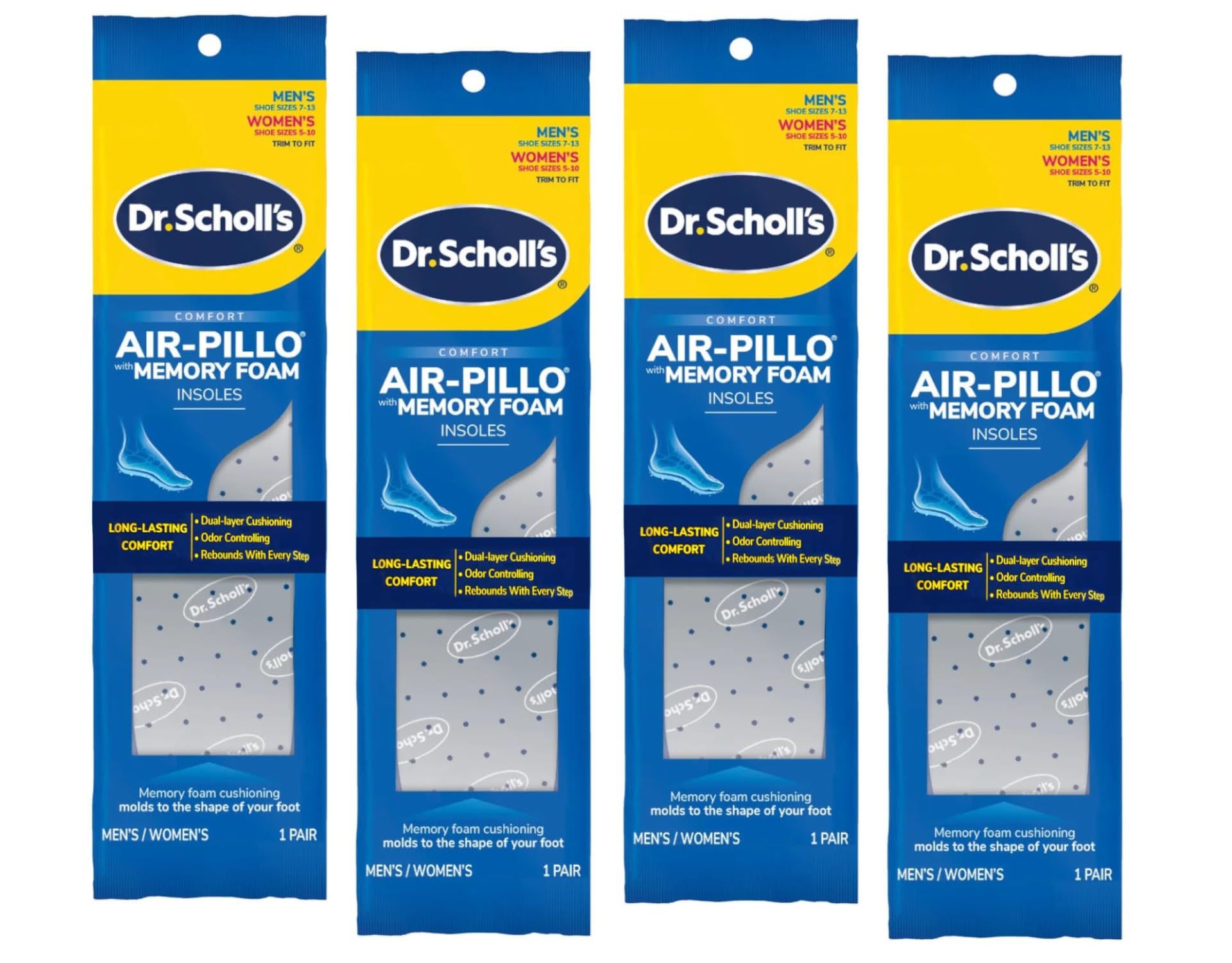 Dr. Scholl's Air-Pillo with Memory Foam Insoles Men's 7-13 / Women's 5-10, (Pack of 4)