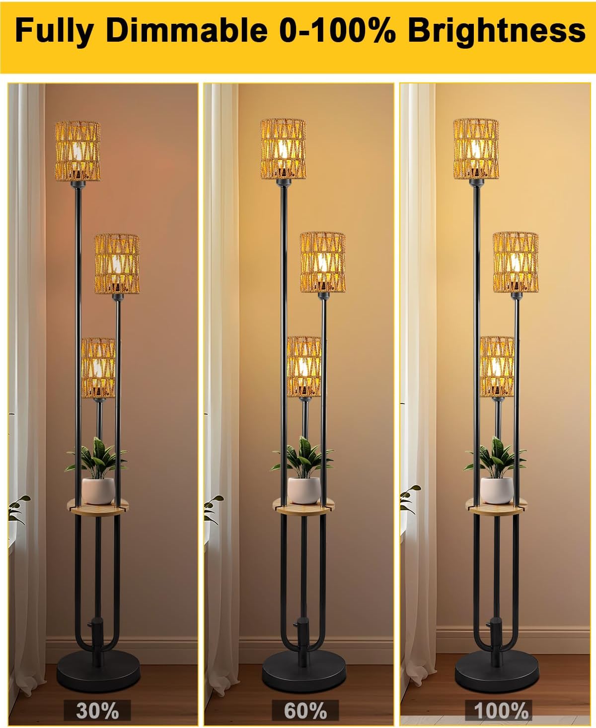 Lightdot Dimmable Boho Floor Lamps for Living Room, 3-Lights Rattan Floor Lamp with Shelves, 3000K Farmhouse Floor Lamp, Rustic Black Standing Lamp with Bulbs Included/Sofa Beside/Corner Decor
