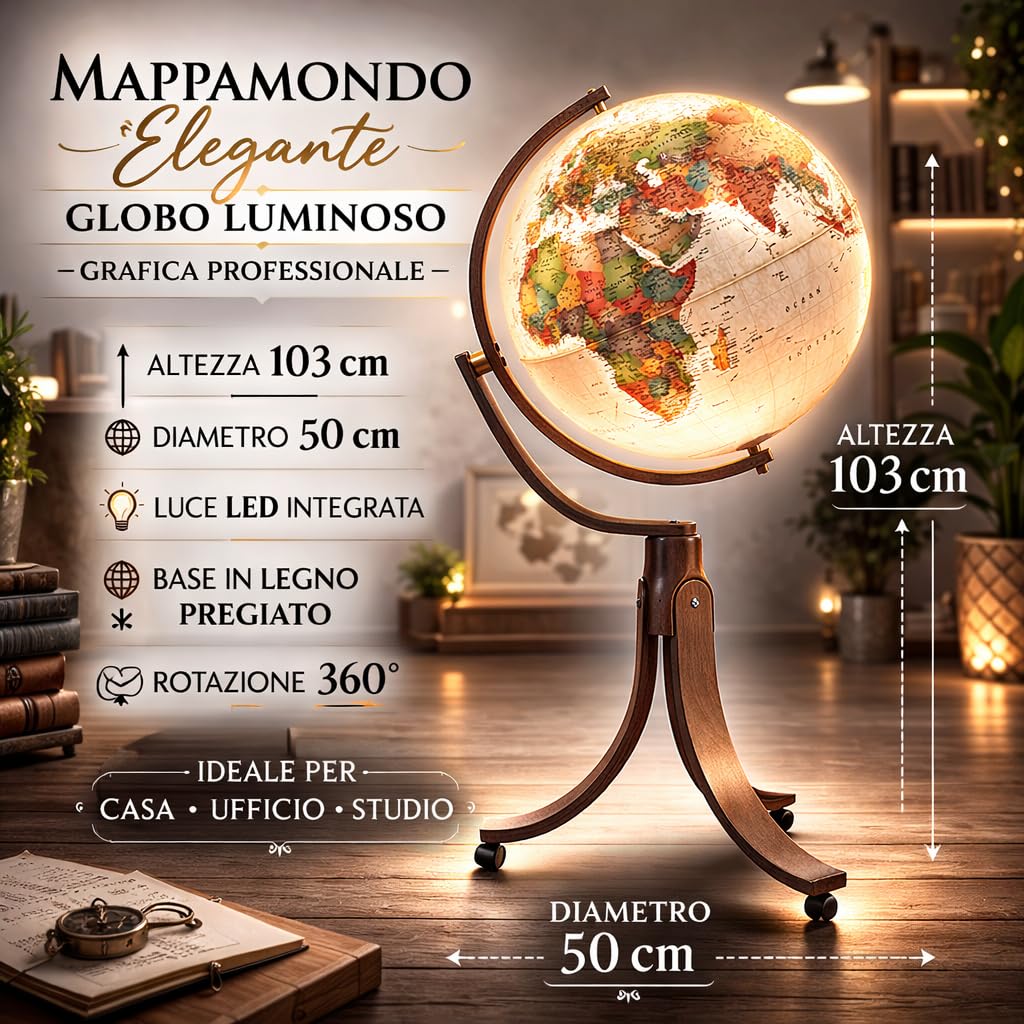 Mappamondo Luminoso da Terra con Base in Legno di Faggio, Cartografia Stile Antico, Diametro 50 cm, Altezza 103 cm, Emily Antique Progressio