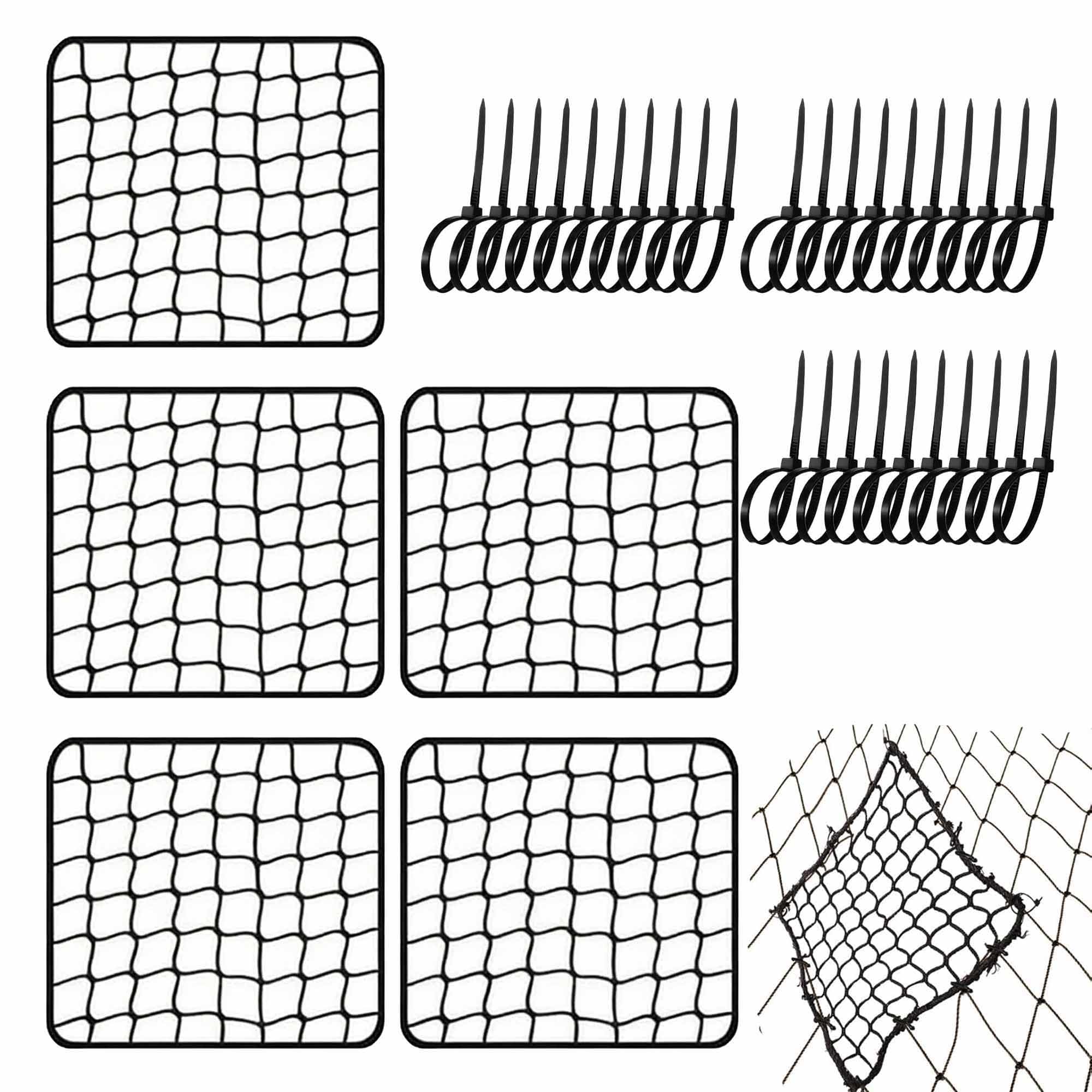 HAOBIN Universal Sports Net Repair Set 5 Nets 100 Cable Ties for Baseball Football Golf Net Repair 30 x 30 cm 2 mm Rope 2.5 cm Mesh Spacing Solution Sports Environments Clubs Schools Sports Venues