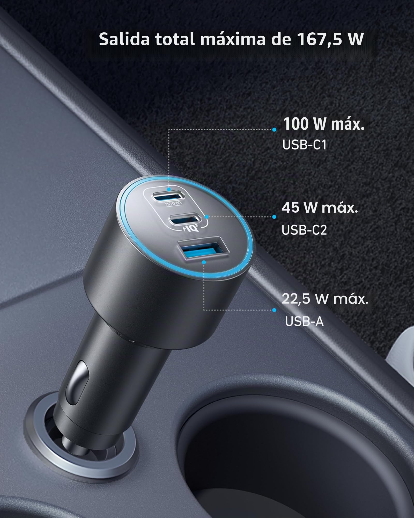 Anker Cargador de Coche USB-C, Cargador de Coche Rápido Tipo-C Ultracompacto 3 Puertos 167,5 W Máxi. para MacBook Pro/Air, iPhone 15/14 / 13 Series, Samsung S24 / S23, iPad Pro, AirPods y Más