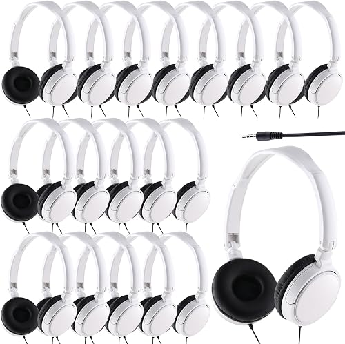 Yunsailing 18 Pack Classroom Headphones Bulk Student Headphones Wired Class Headphones Set for Kids School with Individually Wrapped Adjustable Over Ear Head Earbuds (White)