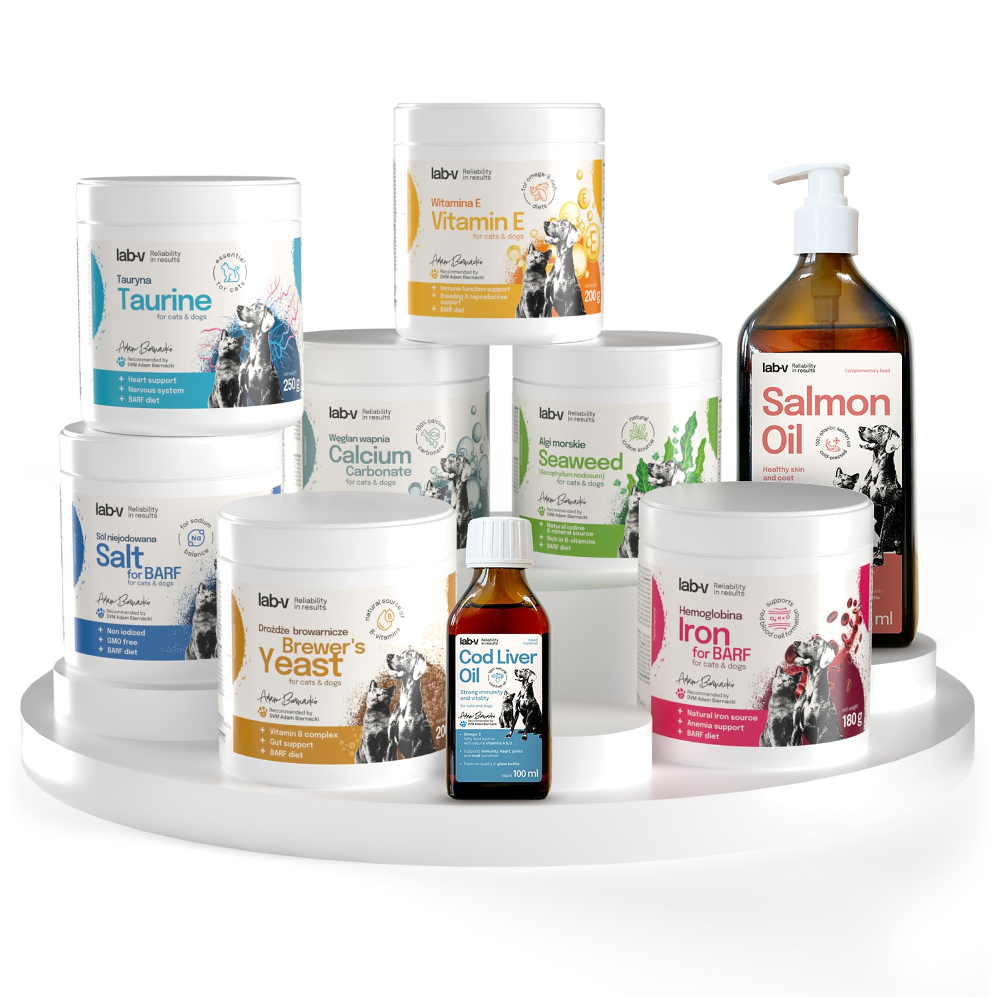 Lab-v Barf-Zusatzset für Katzen – Komplettpaket mit 9 Ergänzungen: Taurin, Algen, Calcium, Öl, Hämoglobin, Salz u. v. m. – Ergänzungsfuttermittel für Barf-Fütterung