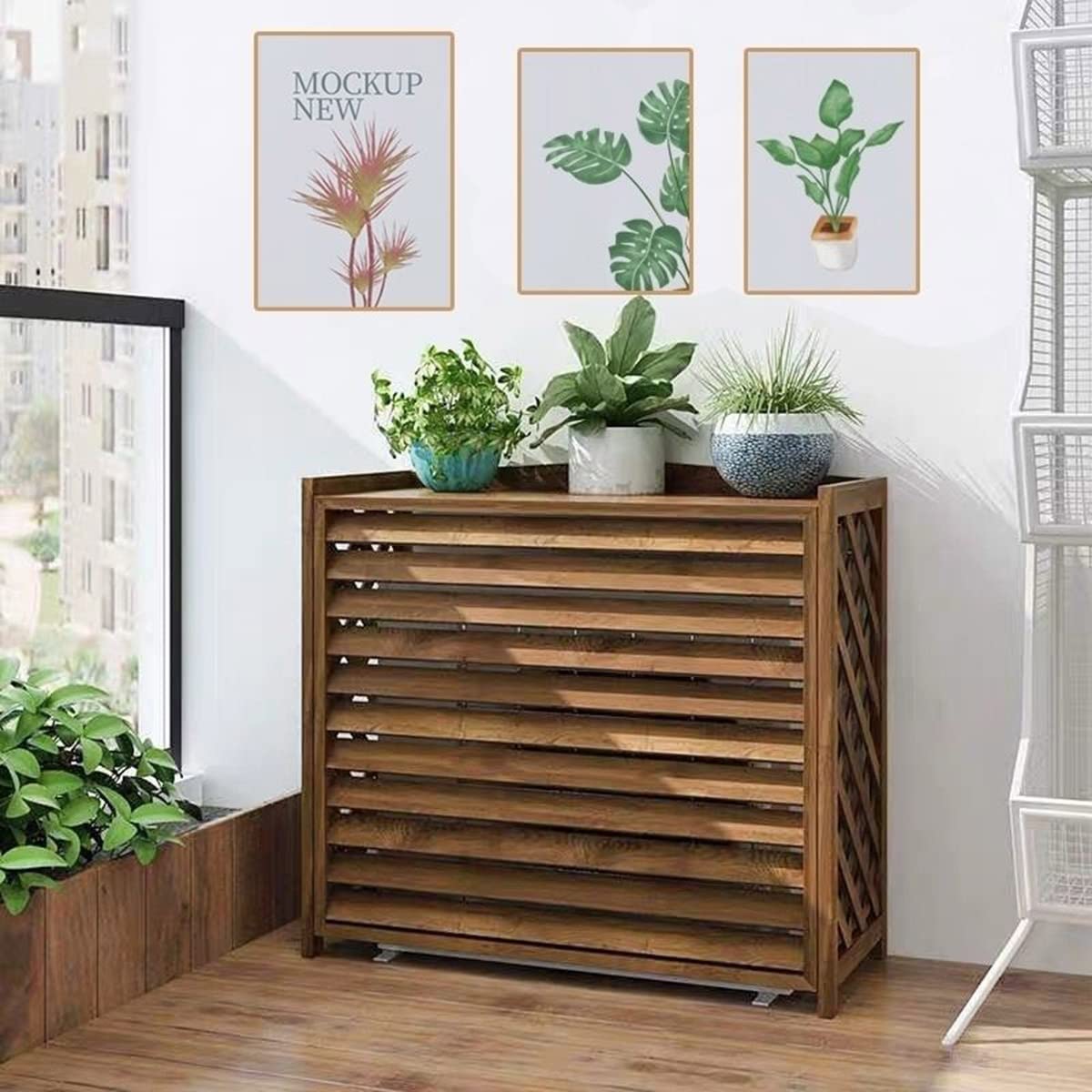 Shelf Decorative Louvered Heat Pump Frame, Freestanding All-Weather Air Conditioner Covers Anti-Theft, Hidden Wooden Air Conditioner Fence Screen, for Outside Units to Rack Garbage 115x54x95cm (Size