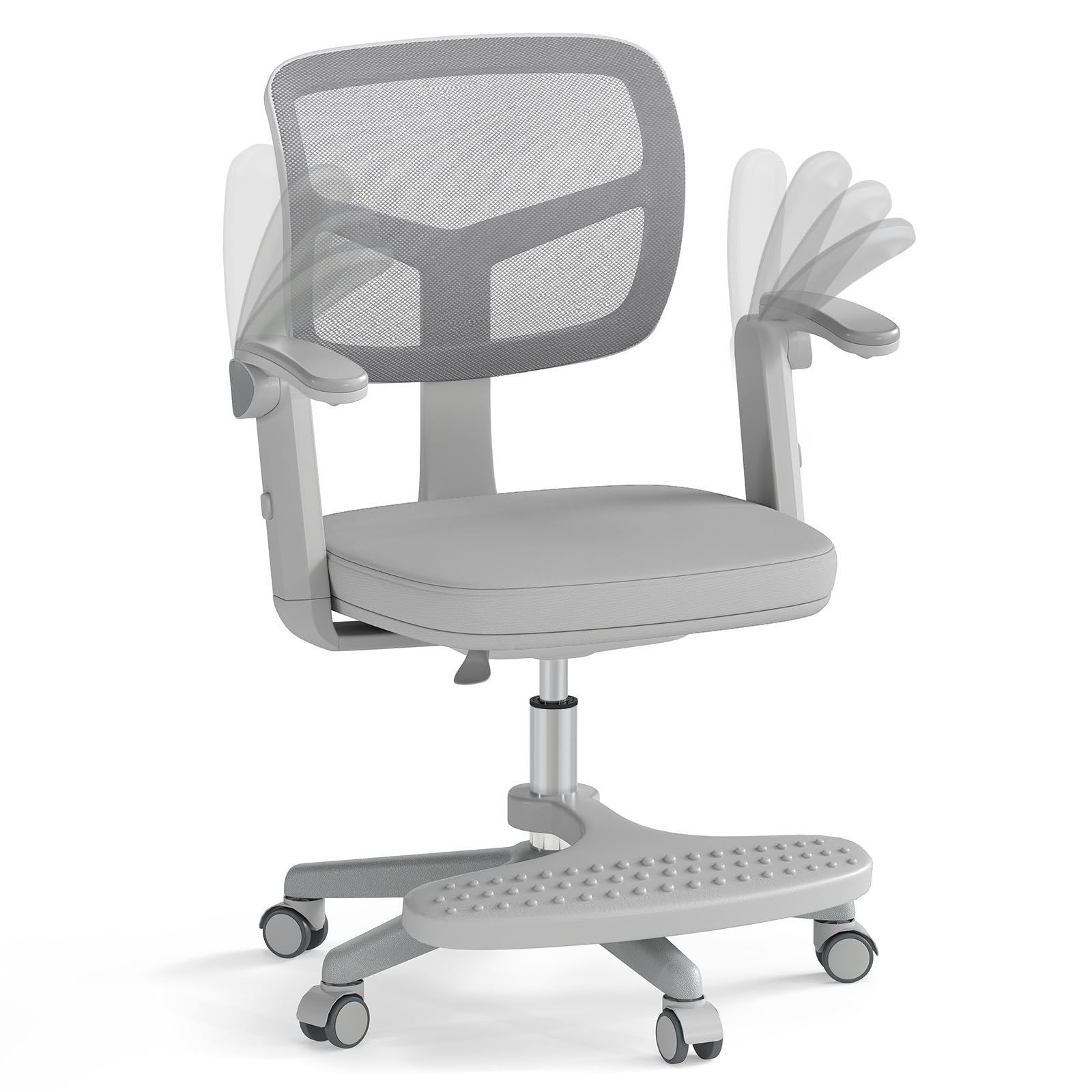 LIFEZEAL - Silla de Oficina Infantil Giratoria 360° con Reposapiés, Silla de Estudio con Altura Ajustable, Apoyabrazos Elevables, Silla Ergonómica para Niños, Carga 150 kg (Gris)