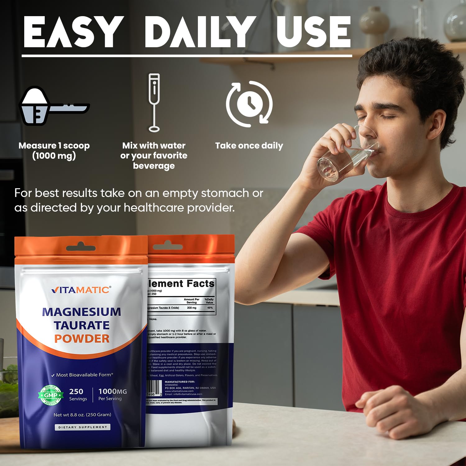 Vitamatic Magnesium Taurate 1000mg per Serving Supports Muscle, Joint, and Heart Health 250 Grams - 250 Servings — Amazon image 3