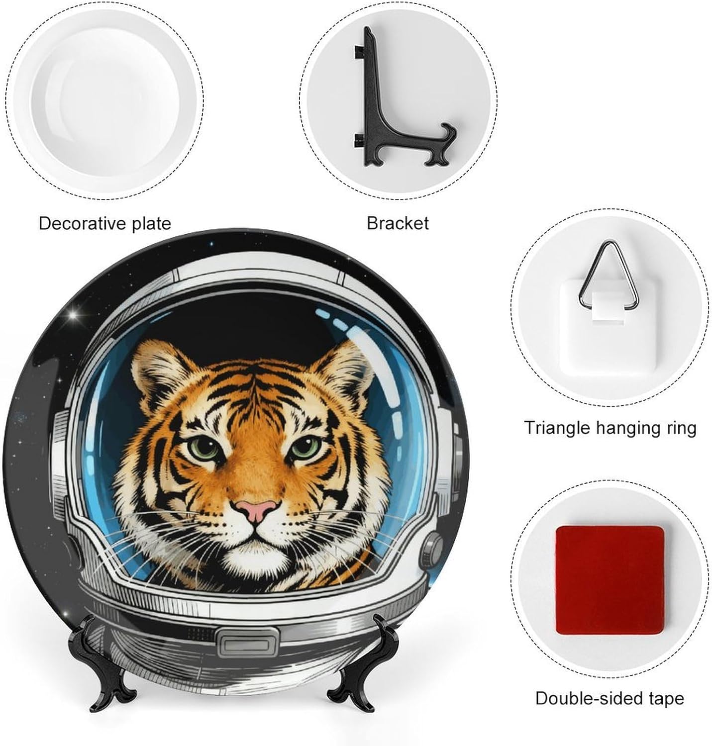 Space Astronaut Tiger Ceramic Decorative Plate 10inch Bone China Wall Hanging Ornament Plates Bohemian Style Dinner Plate with Stand Cabinet Display Plates for Home Art Decor