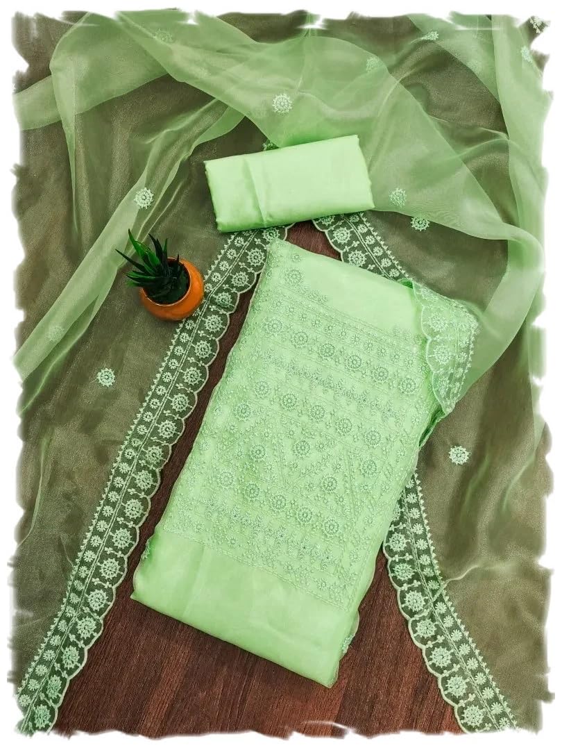 Women's Organza Sequence Embroidery Work Unstitched Salwar Suit Dress Material-image-6