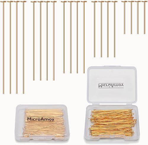 MICROAMOY 150 alfileres de cabeza plana rellenos de oro de 18 quilates, no se deslustran para manualidades, pulseras, suministros de accesorios para