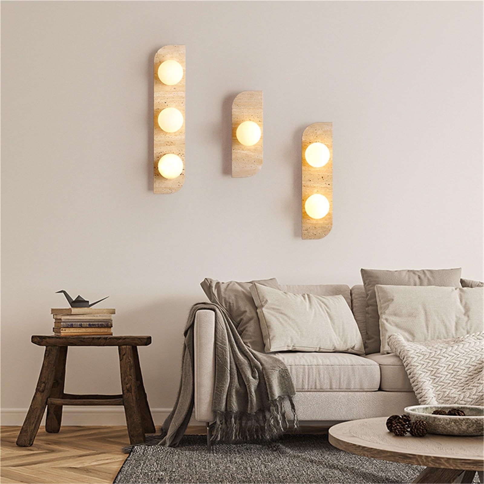 Retro kinkiet z kamienia naturalnego, żółty trawertyn LED, biały szklany klosz, nastrojowe oświetlenie korytarza (ciepła biel (2700-3500 K), dwie głowice)
