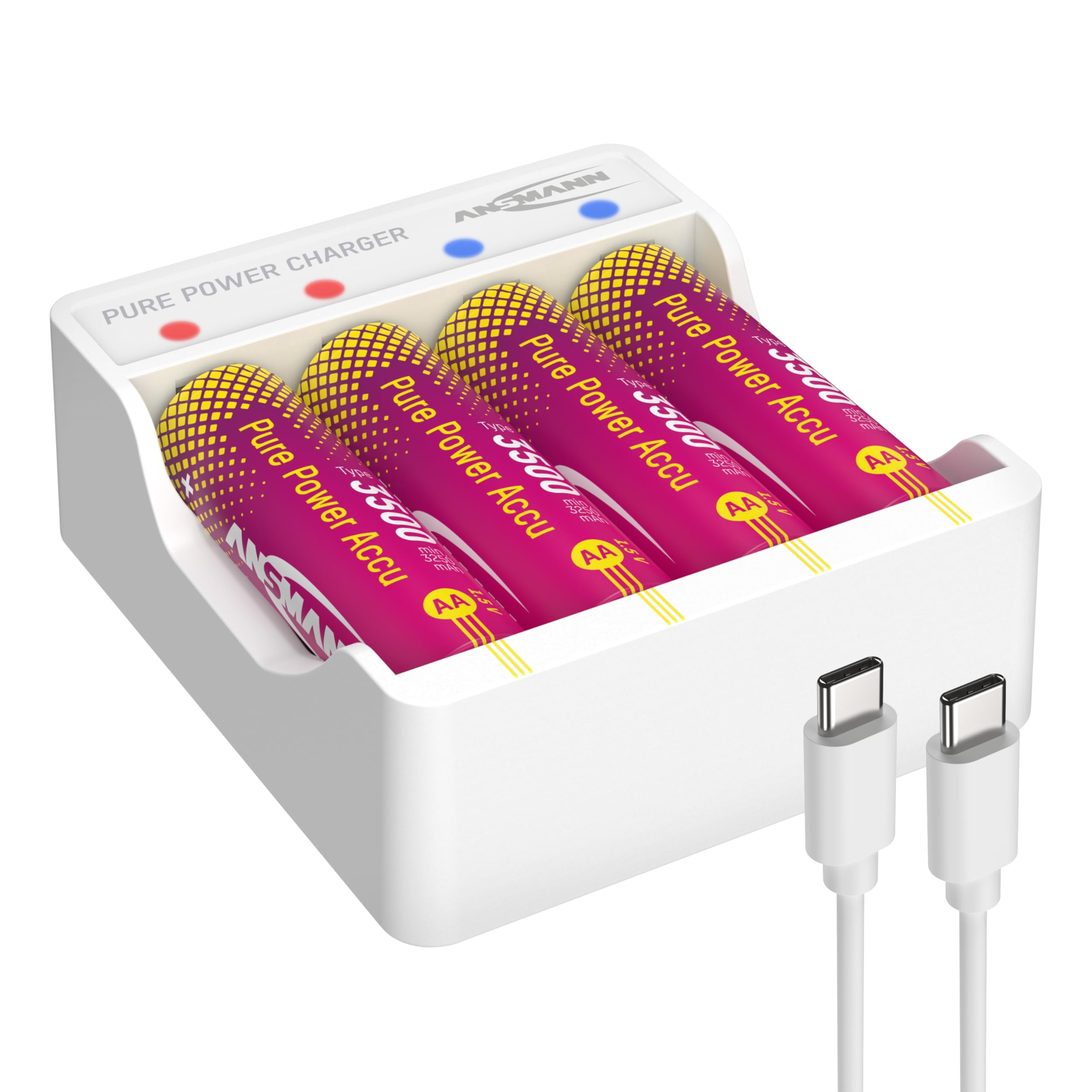 ANSMANN Lithium-Ladegerät Pure Power inkl. 4X Mignon AA Akkus mit höchster Kapazität und Lademodul, Langer Laufzeit und Schutztechnik, ideal für Geräte mit hohem Energiebedarf