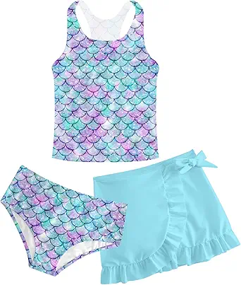 Girls Swimsuits 3 Piece Tankini Bathing Suit Set Cute Bikini Swimwear with Cover Ups Beach Skirt 5-16 Years
