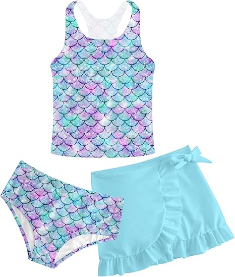 Girls Swimsuits 3 Piece Tankini Bathing Suit Set Cute Bikini Swimwear with Cover Ups Beach Skirt 5-16 Years