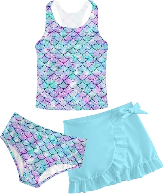 Girls Swimsuits 3 Piece Tankini Bathing Suit Set Cute Bikini Swimwear with Cover Ups Beach Skirt 5-16 Years