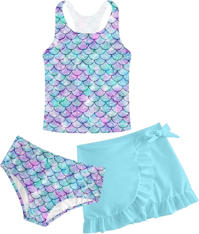 Girls Swimsuits 3 Piece Tankini Bathing Suit Set Cute Bikini Swimwear with Cover Ups Beach Skirt 5-16 Years