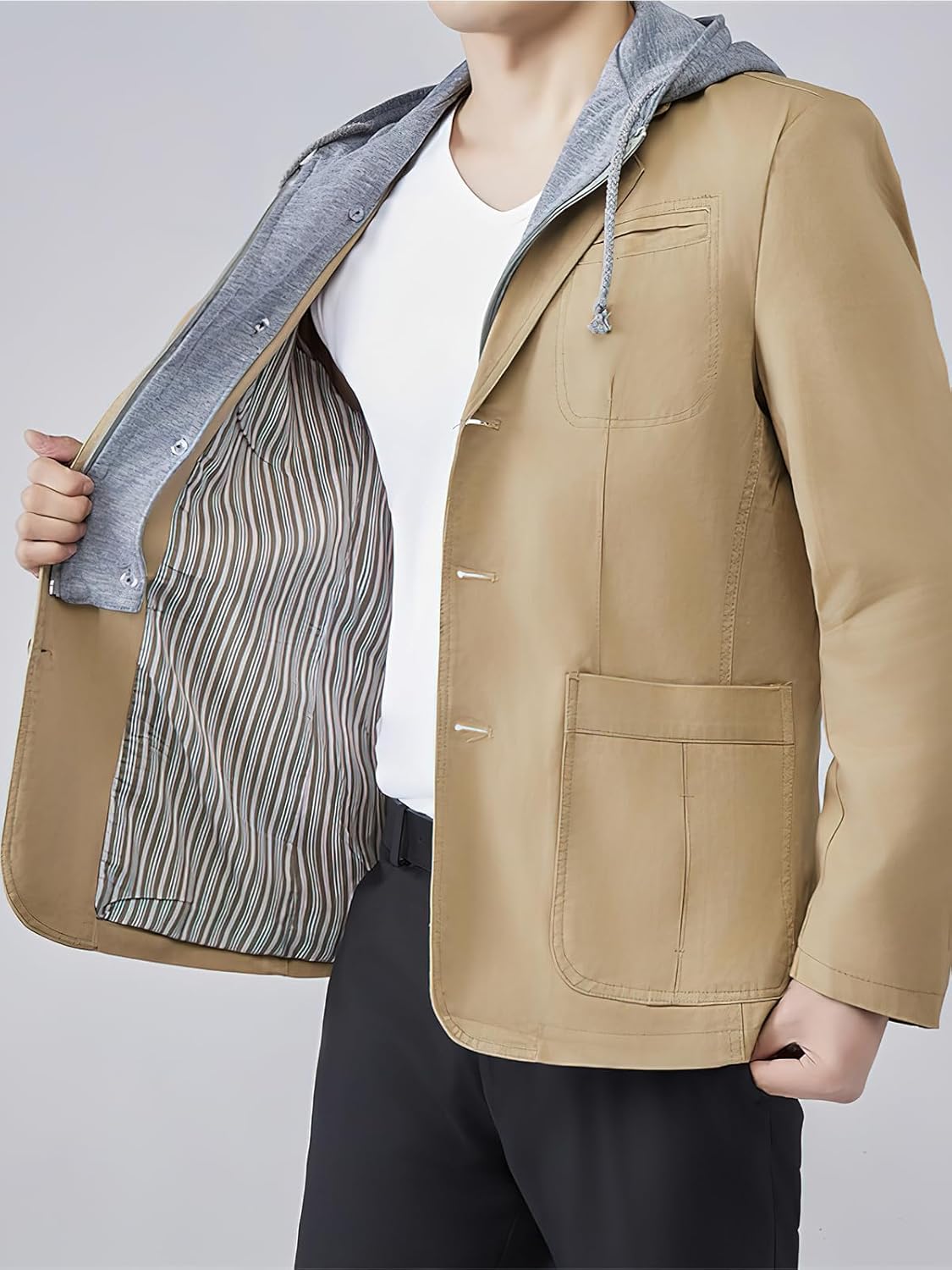 ebossy Women's False 2-Piece Hooded Blazer Jacket Single Breasted Elbow Patch Long Sleeve Slim Cotton Coat - Image 3