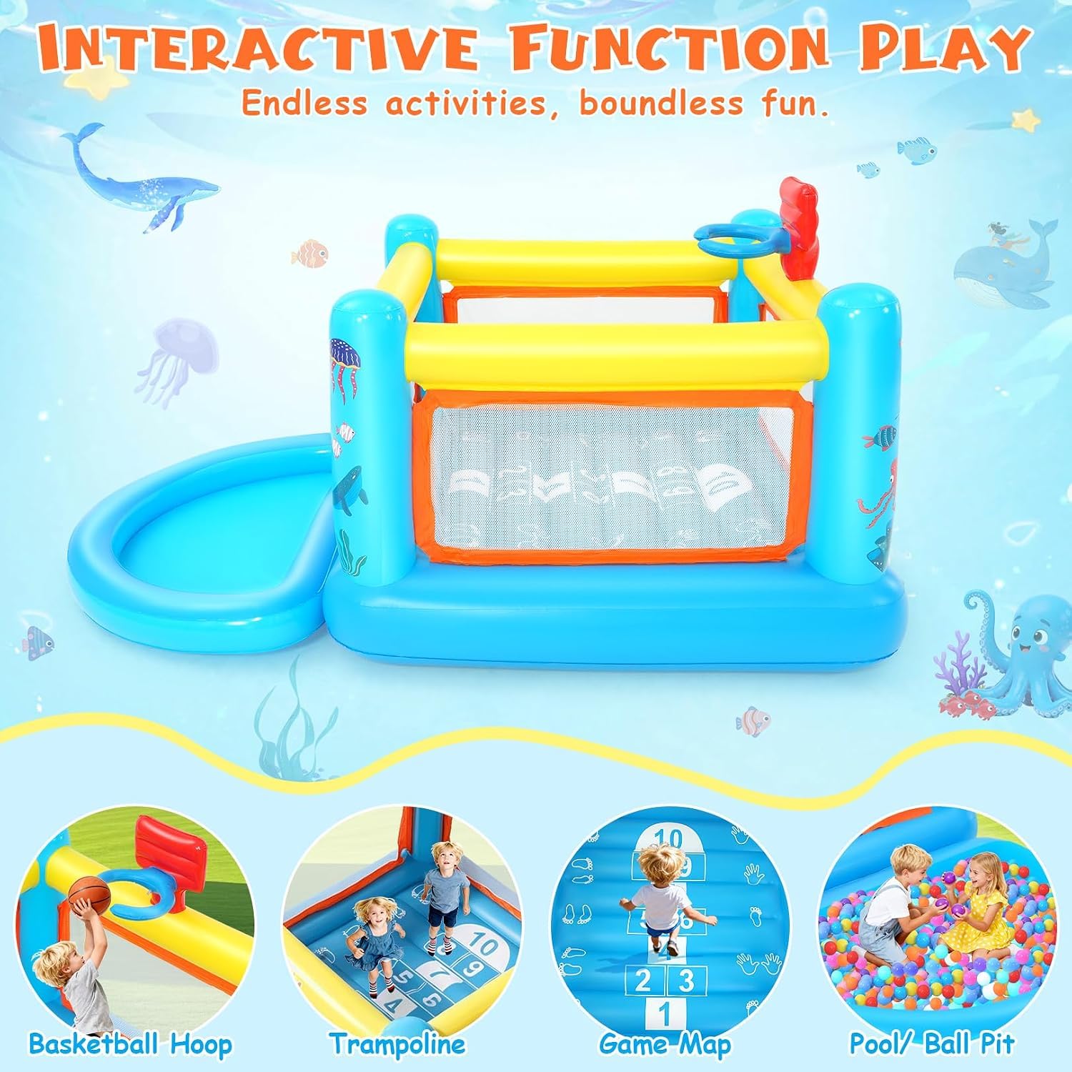 Castello saltante con piscina di palline per bambini da 3 a 6 anni, per interni ed esterni, piccolo centro giochi attivo, canestro da basket, cielo e inferno, castello saltante in PVC di alta qualità