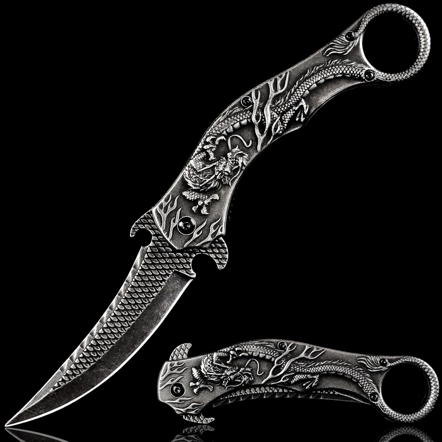 Pocket Knife for Men, Cool Folding Knife With 3D Dragon Relief, Great Gift Edc Knife For Men Outdoor Survival Camping Hiking (Black)