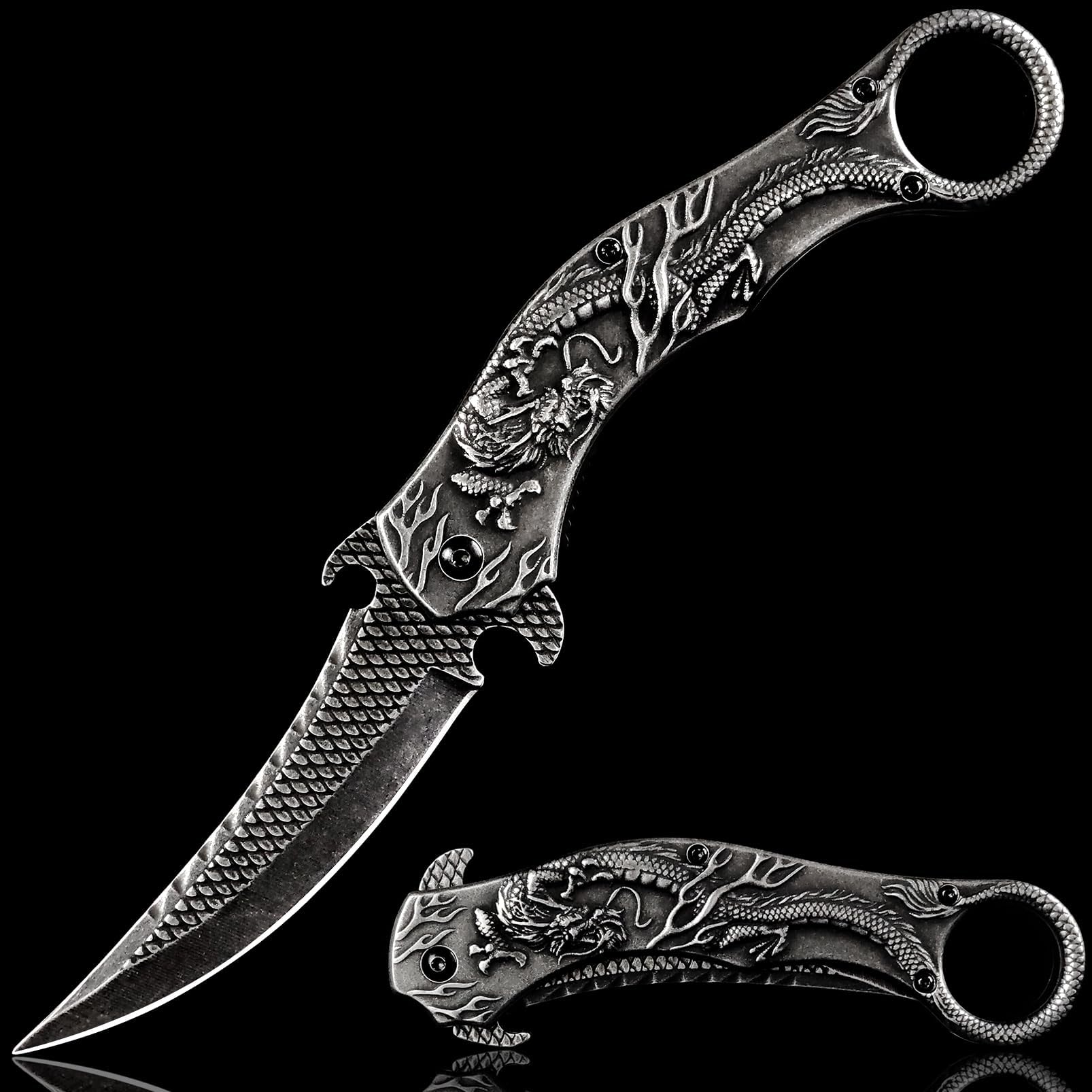 Vividstill Pocket Knife for Men, Cool Folding Knife With 3D Dragon Relief, Great Gift Edc Knife For Men Outdoor Survival Camping Hiking (Black)