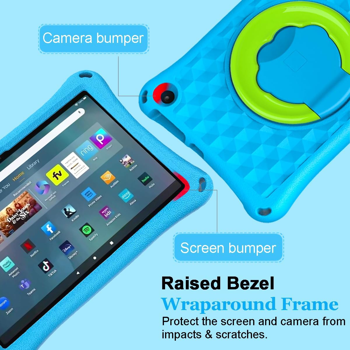 Fire HD 10 Tablet Case for Kids (13th/11th Generation, 2023/2021 Release), Rotating 360 Kickstand Lightweight Shockproof Handle Kids Case Un Fit for HTC 10 Tablet iPad Samsung LG Tablets, Blue I-Blue