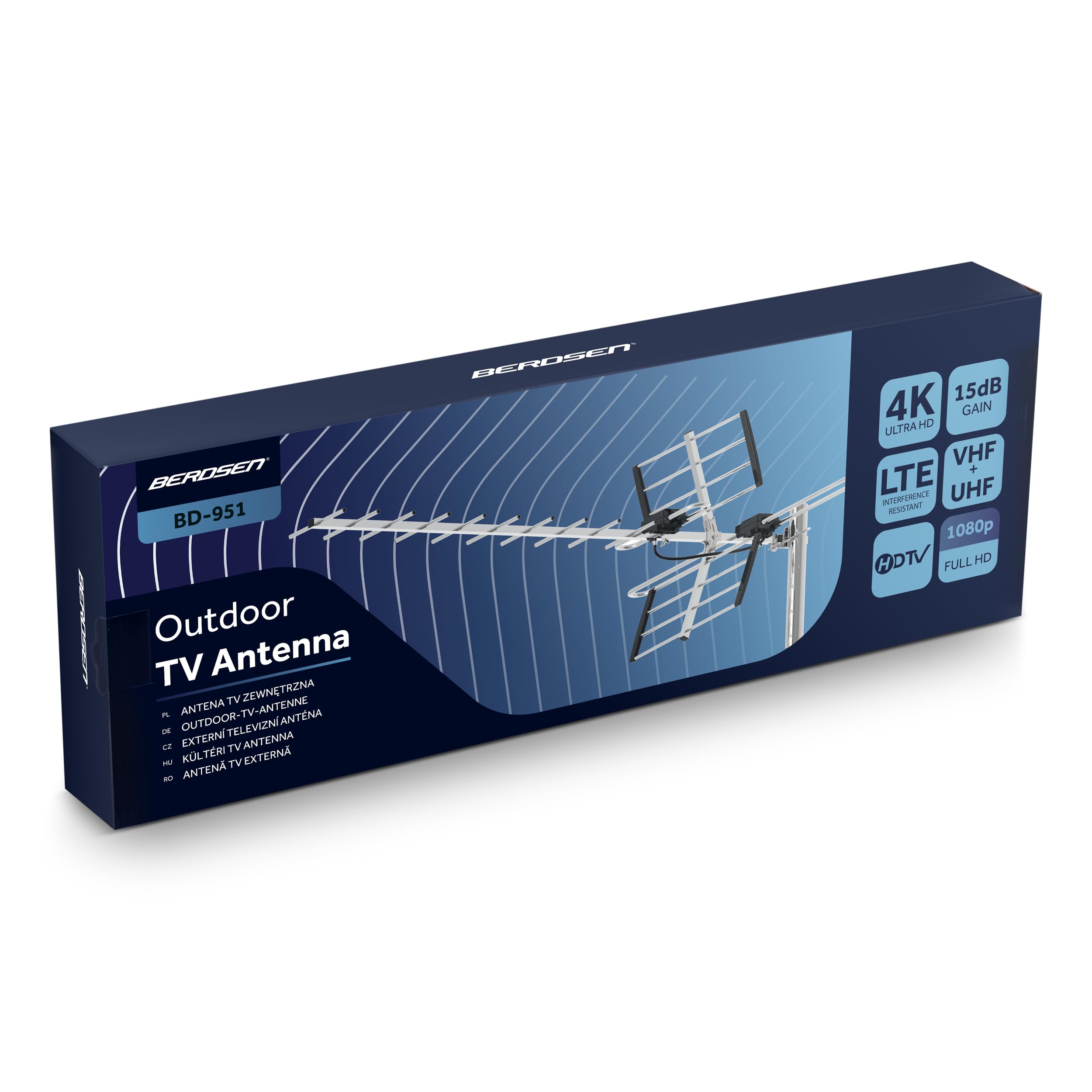Berdsen Antena DVBT2 z Wzmacniaczem Wewnętrznym 15 dB - Zasięg do 80 km - Zewnętrzna Antena Outdoor - Filtr LTE - Full HD Ultra HD 4K