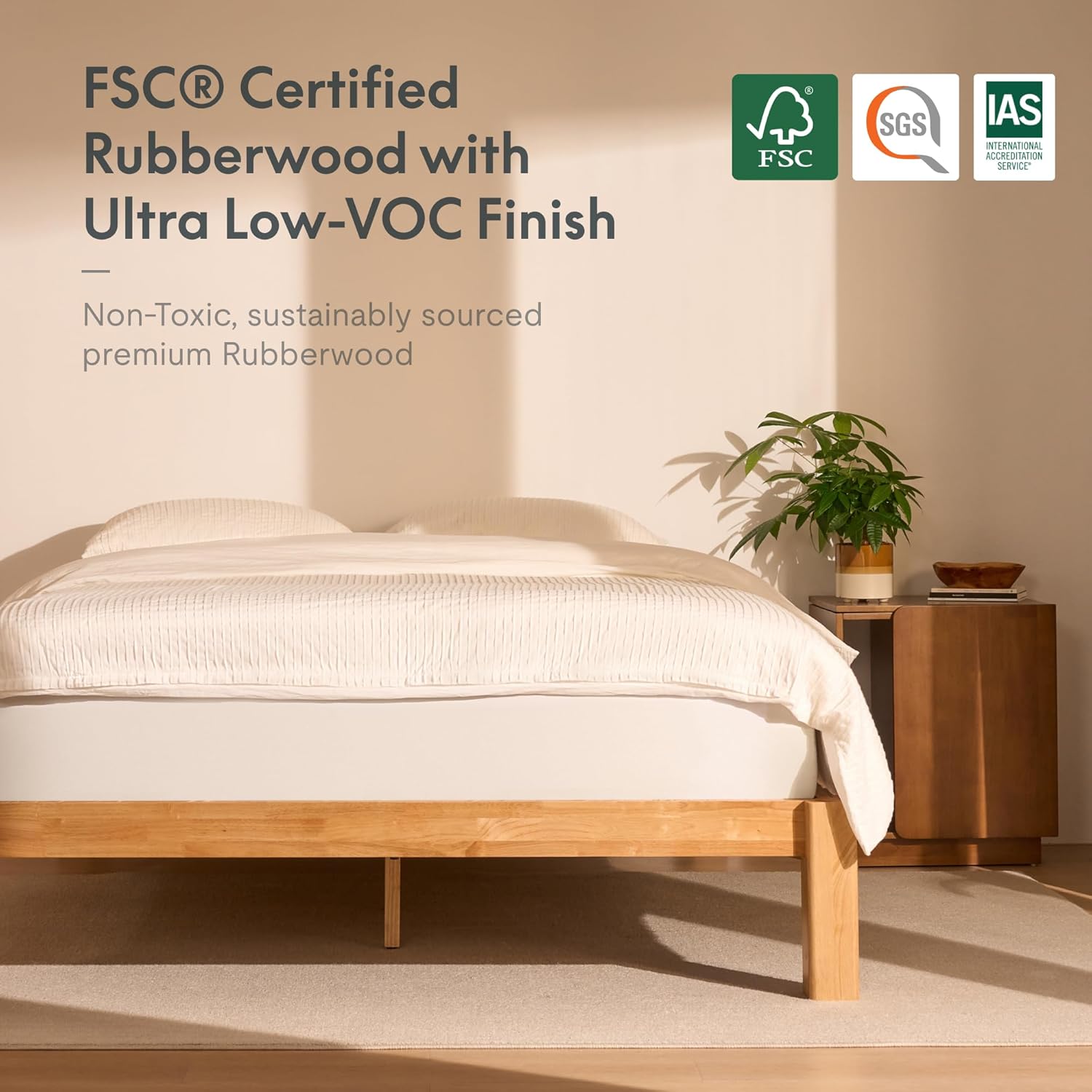 FLEXISPOT Japanese Joinery Bed Frame, Solid Rubberwood Queen Platform Bed, FSC & SGS Certified, 1200lbs Capacity, Japandi Minimalist Style, Noise-Free, No Tools Assembly, 10-Year Warranty, Natural Oak Natural Oak Queen,No Headboard - Square Legs