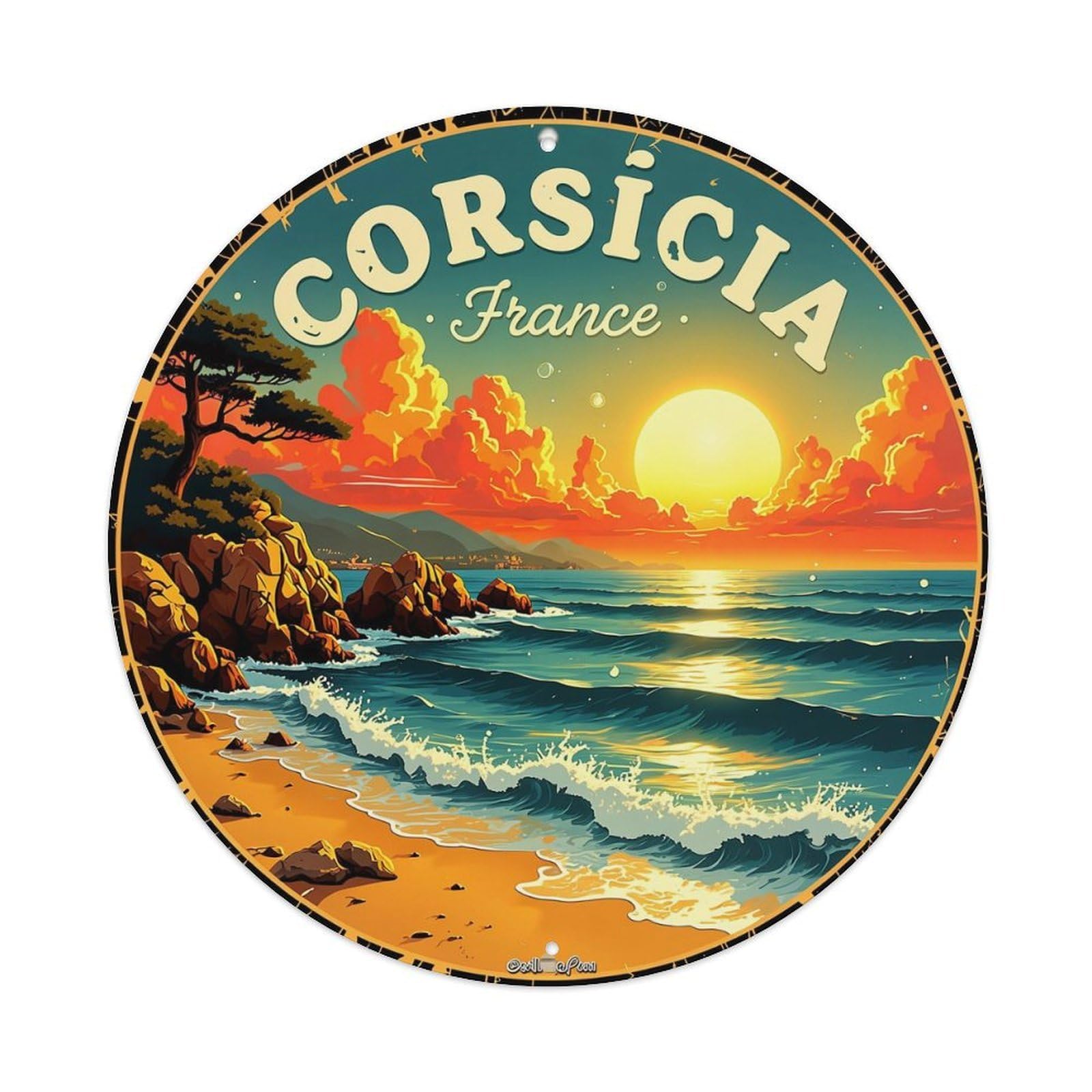 Sunset Beach Rocks Sky Sea Retro Metal Sign Round Tin Sign, Vintage Decor Art Poster for Bar, Home, Man Cave, Kitchen, Laundry Room Gift 8x8Inch