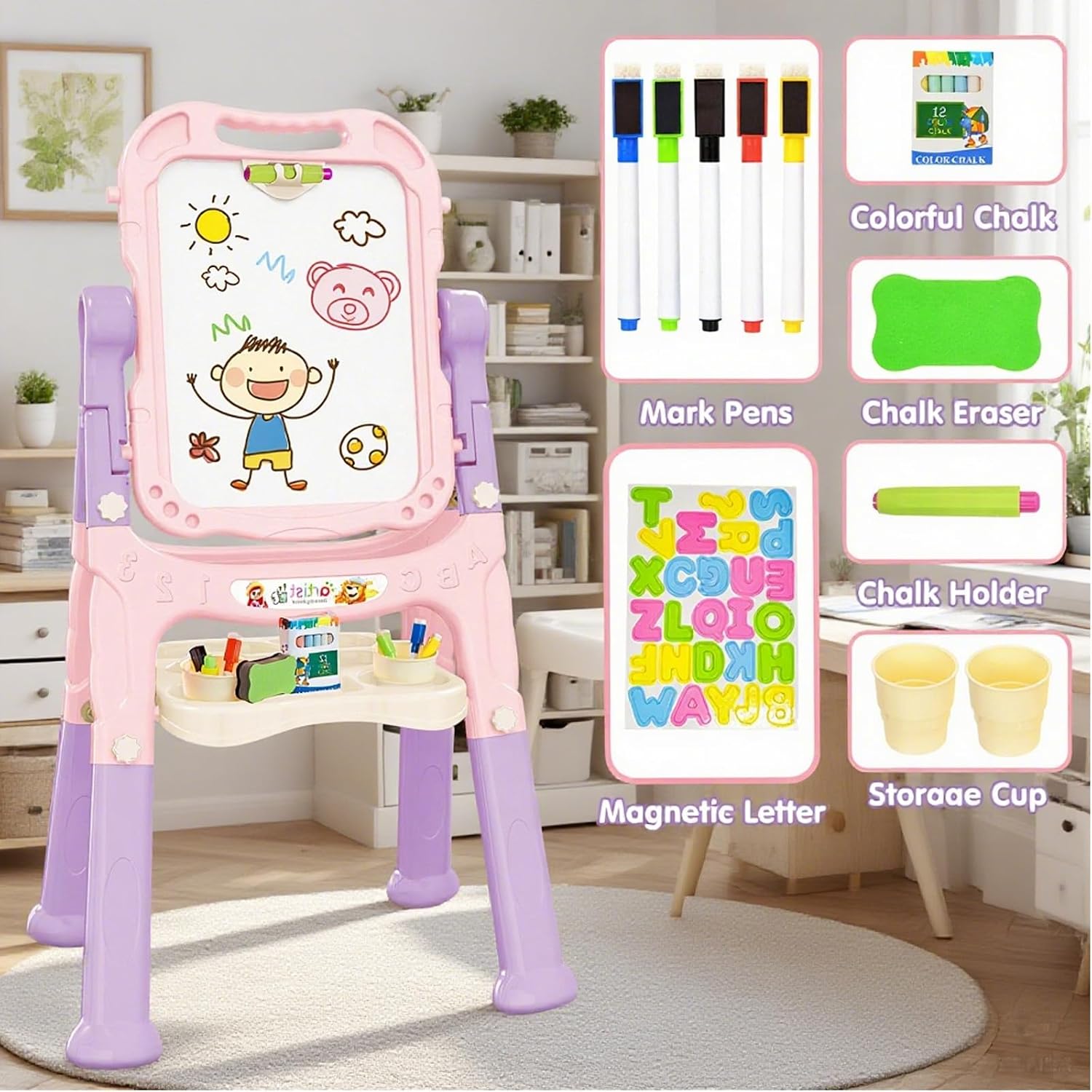 Amagoing Easel for Kids, Adjustable Standing Art Easel for Toddler, Double Magnetic Drawing Board with Painting Accessories, Birthday Christmas Gift for Little Boys Girls, Middle Size (Purple Pink)