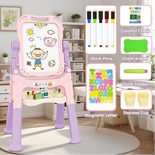 Miniatura 5 de Amagoing Caballete para niños, caballete de arte ajustable para niños pequeños, tablero de dibujo magnético doble con accesorios de pintura, regalo