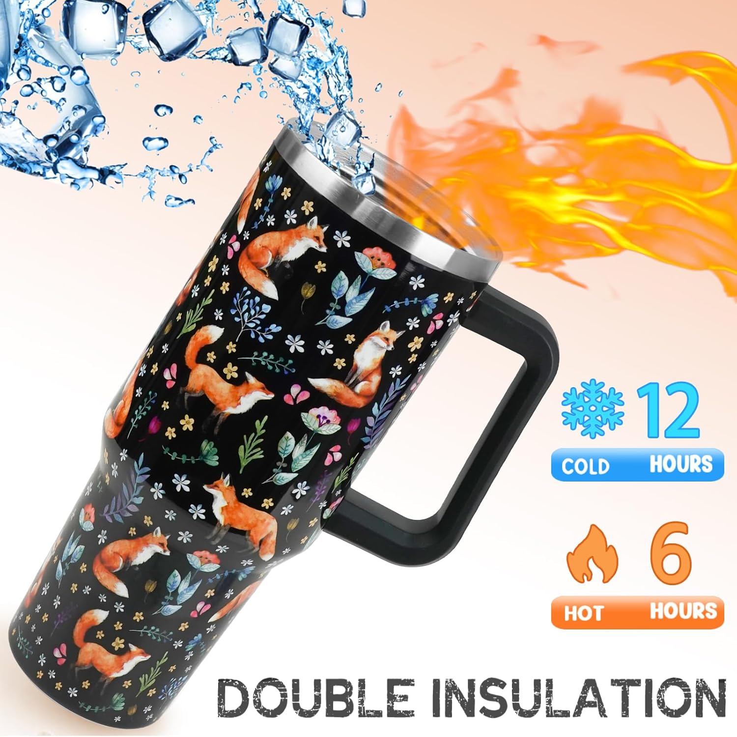 Fox Tumbler 40oz Cute Foxes Theme Watercolor Flowers Cups Coffee Travel Mugs Insulated Cup with Handle and Straw Water Bottle Fall Winter Decor Gifts for Women - Image 3
