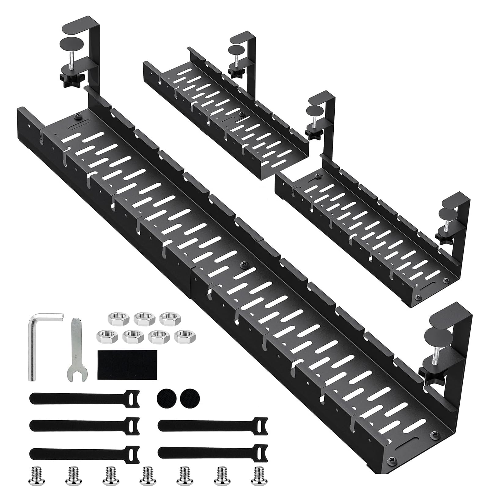 Retractable Under Desk Cable Management Tray - 17-30 Inch Heavy Duty Cable Tray No Drill, Clamp Mount Cables Tidy for Standing Desk, Black Metal Cables Management for Home & Office