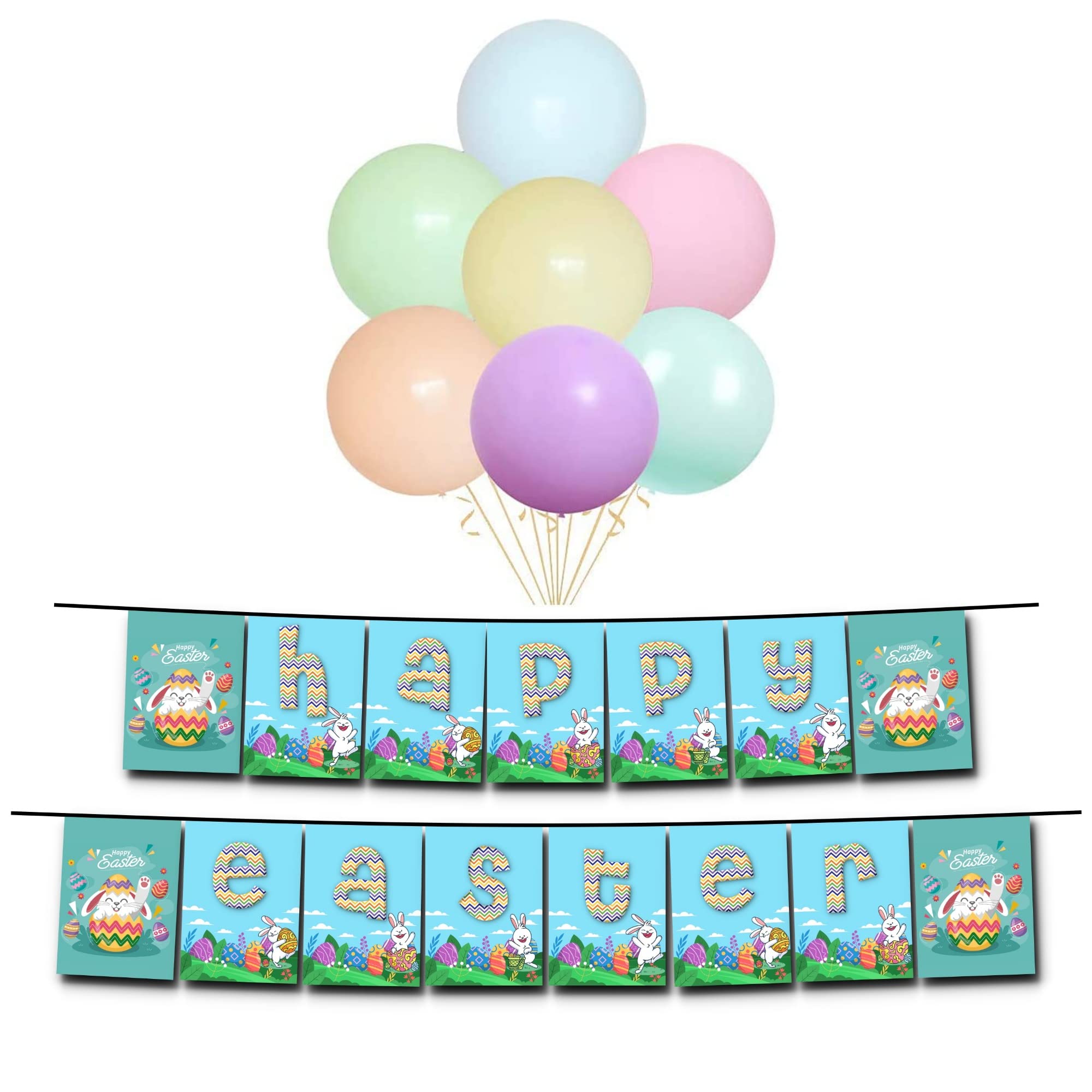 Atpata Funky HAPPY EASTER 2.5 Feet cardstock Banner with 10pcs Pastel mix latex balloons for Easter Party Bunny Egg Gnome Rabbit Spring theme Home Decoration