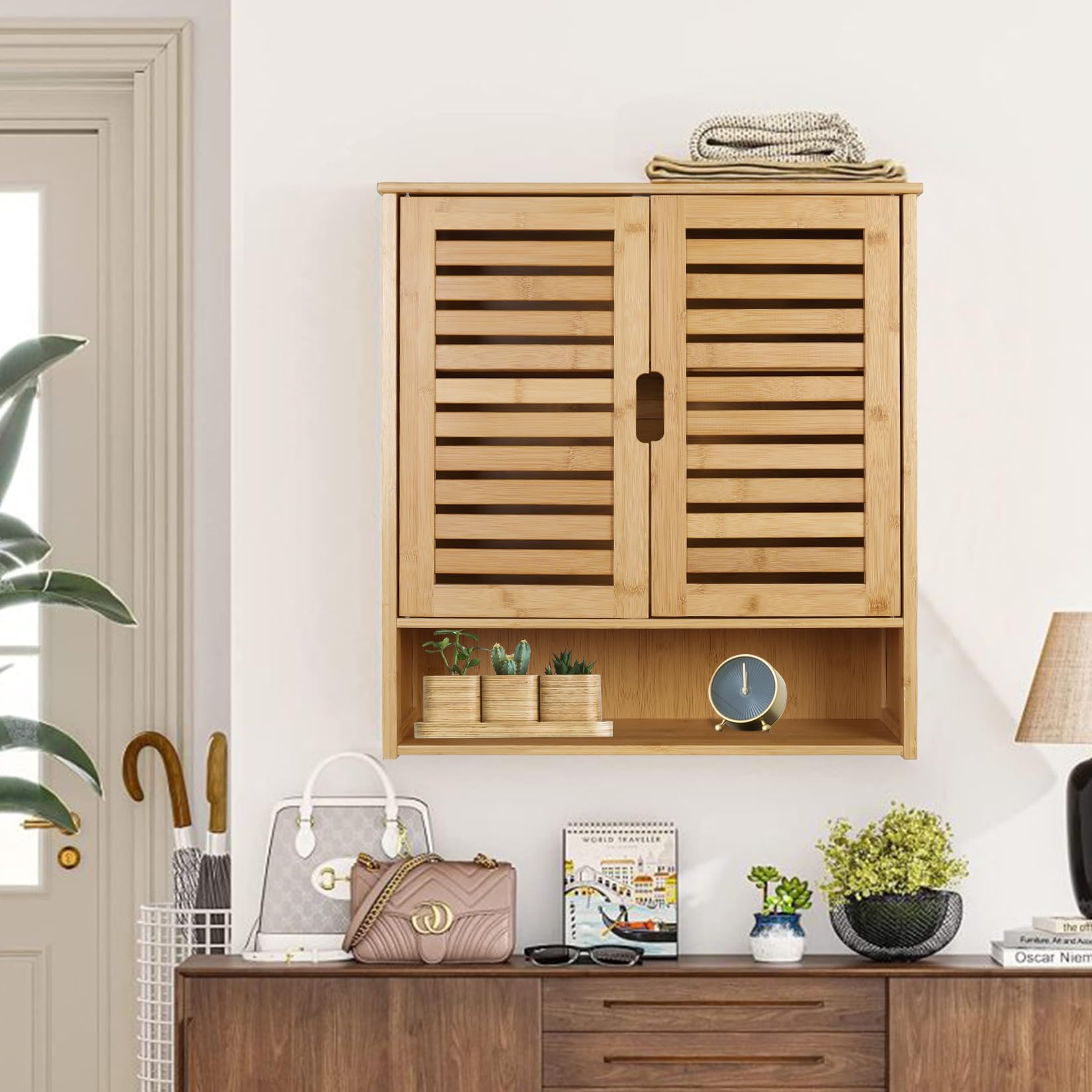 unho Meuble Salle de Bain Mural: Armoire Toilette Suspendu en Bambou Naturel Placard WC 2 Portes Rangement Cuisine Murale avec Étagères Réglables - 59x20.5x66.5 cm