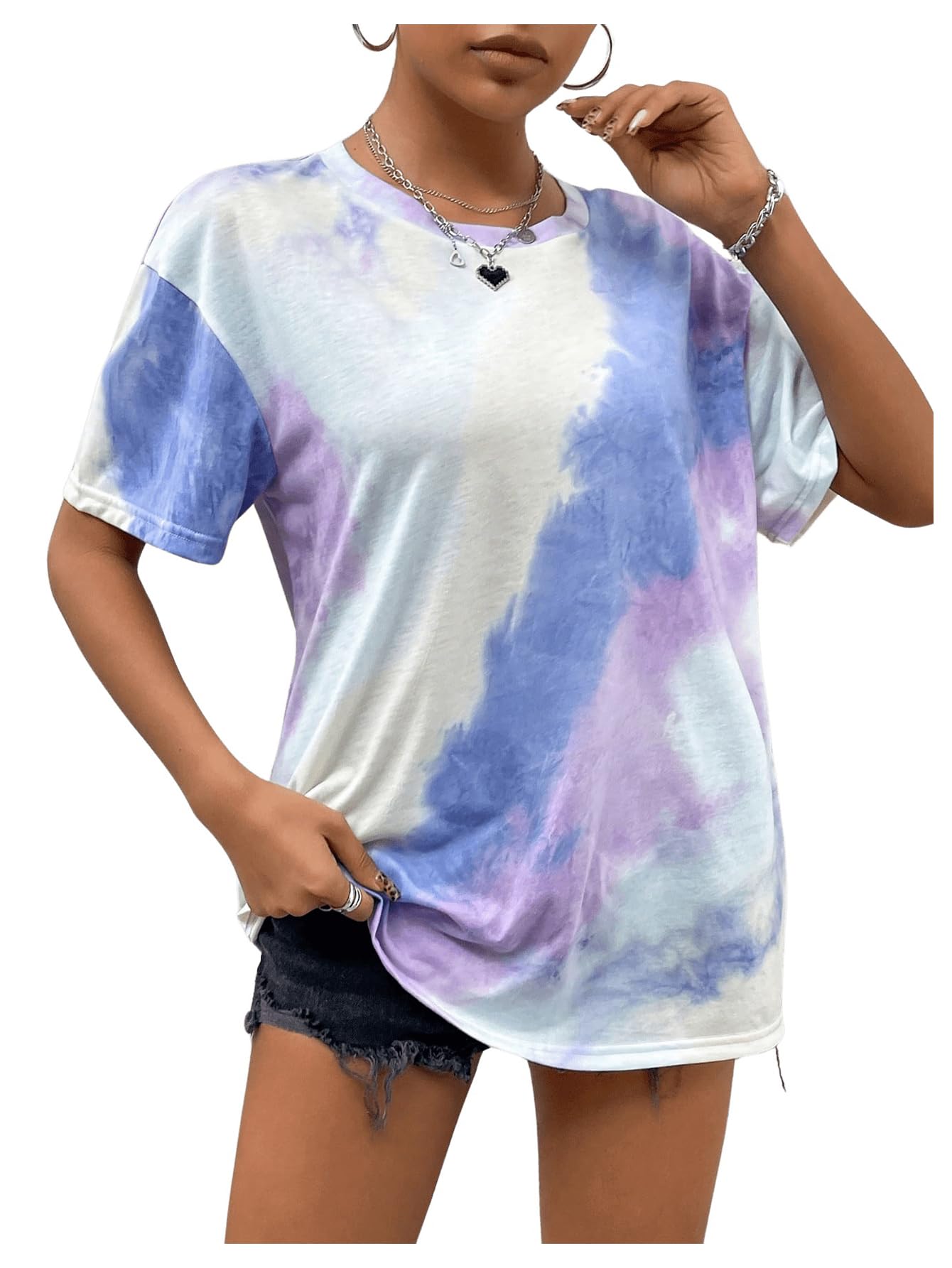 SOLY HUX Women's Tie Dye Shirt Short Sleeve Round Neck Tees Casual T Shirts Summer Tops