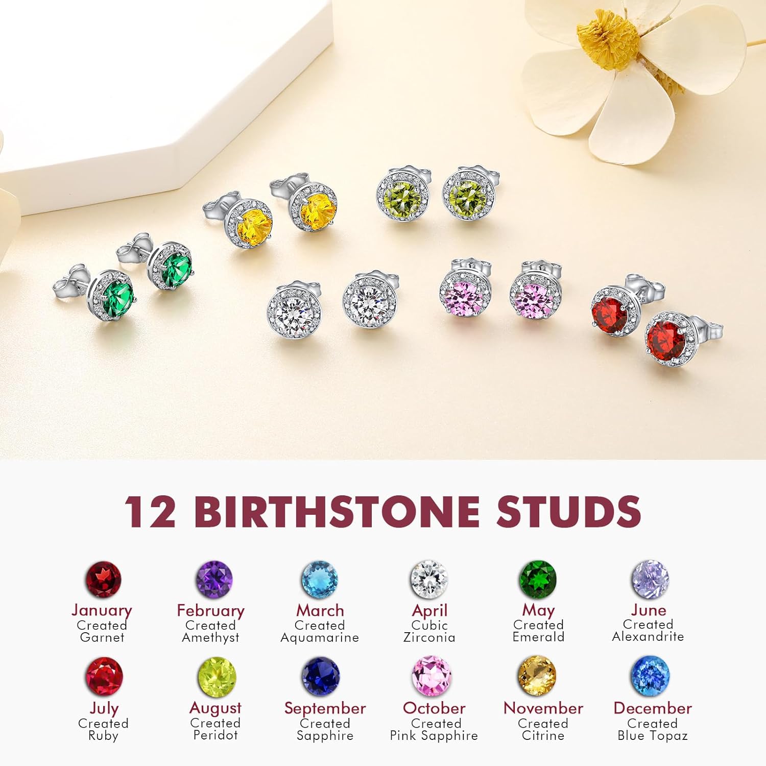 DAYBYDAY Birthstone Earrings for Women 925 Sterling Silver Halo Stud Earrings, Small Round/Cushion/Heart Gemstone Earrings Birthstone Jewelry - Image 5