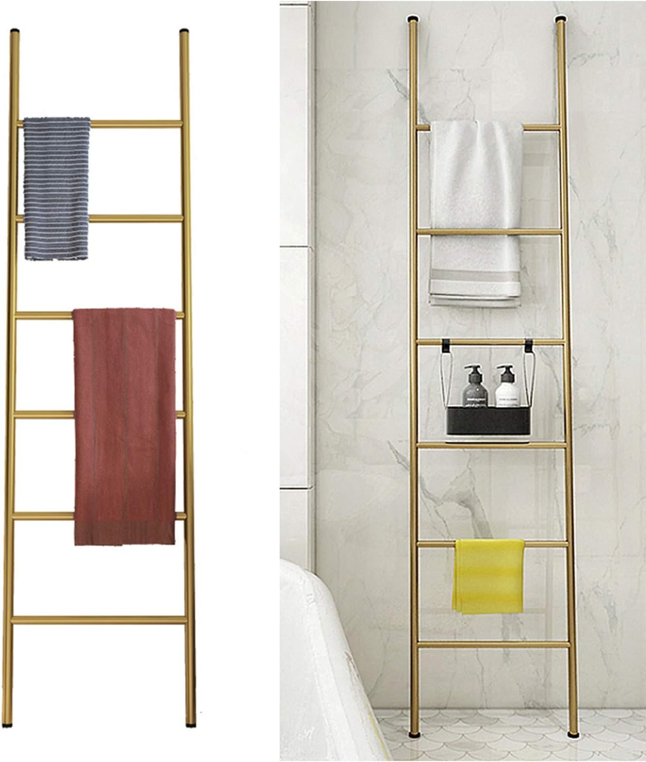 – Quilt Ladder Freestanding, 5.5 Ft Rustic Wall-Leaning Metal Towel Ladder Stand, Blanket Ladder Rack for Bathroom, Living Room,Kitchen Gold