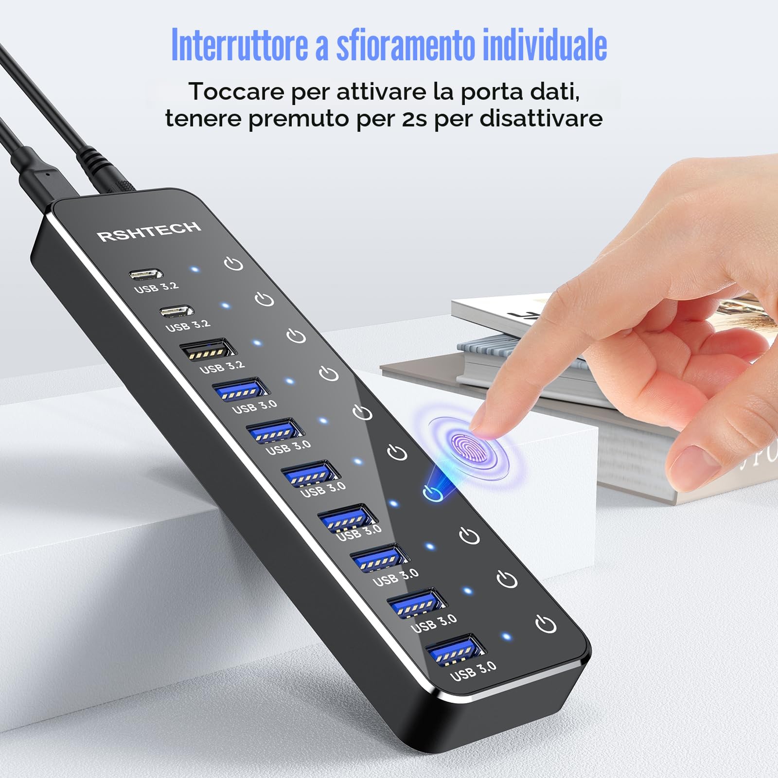Hub USB Alimentato, RSHTECH Hub USB 3.2/USB C a 10 Porte con Porte Dati USB-A 3.2 e 2x USB-C 3.2 10Gbps, 7 Porte USB-A 3.0 e Alimentazione 12V/5A 60W, Interruttori Individuali USB HUB, RSH-ST10C