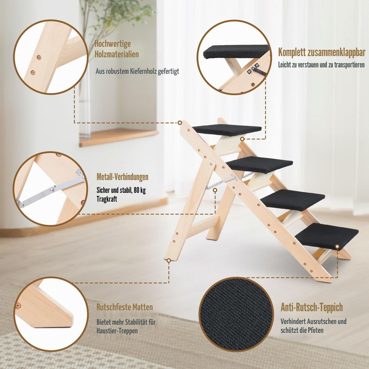 Hundetreppe Klappbare 4 Stufen 2-in-1 Hunderampe aus Holz 65cm hoch
