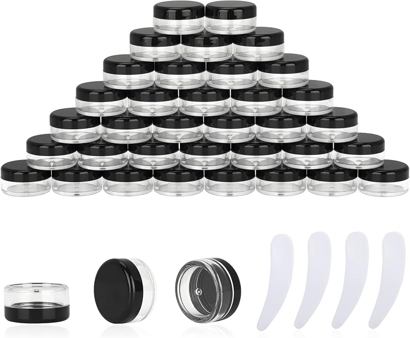 50 frascos de amostra YOMOSPACE de 3 mL com tampa preta e 4 mini espátulas