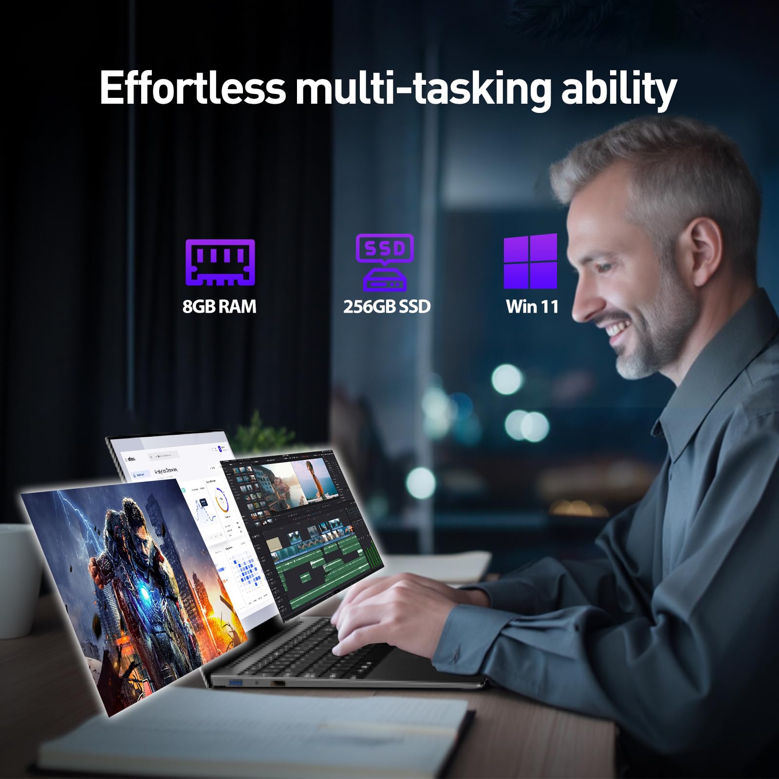 15.6 Inch Laptop Computer 8GB RAM 256GB SSD Win 11 Laptop, Core i3 Processor, 1080P FHD Display, Backlit Keyboard, Fingerprint, USB3.0,WiFi5,Mini HDMI, BT5,Webcam — view 3