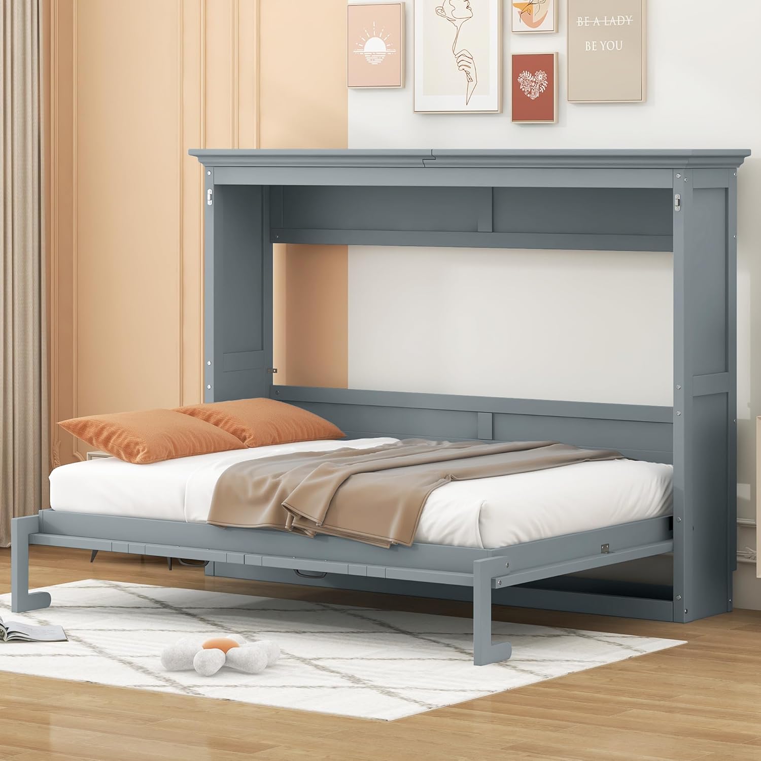 MERITLINE Full Horizontal Murphy Bed Cabinet with Desk, Solid Wood Farmhouse Murphy Bed Frame for Small Room, Office, Apartment, Space Saving, (Full,Grey)