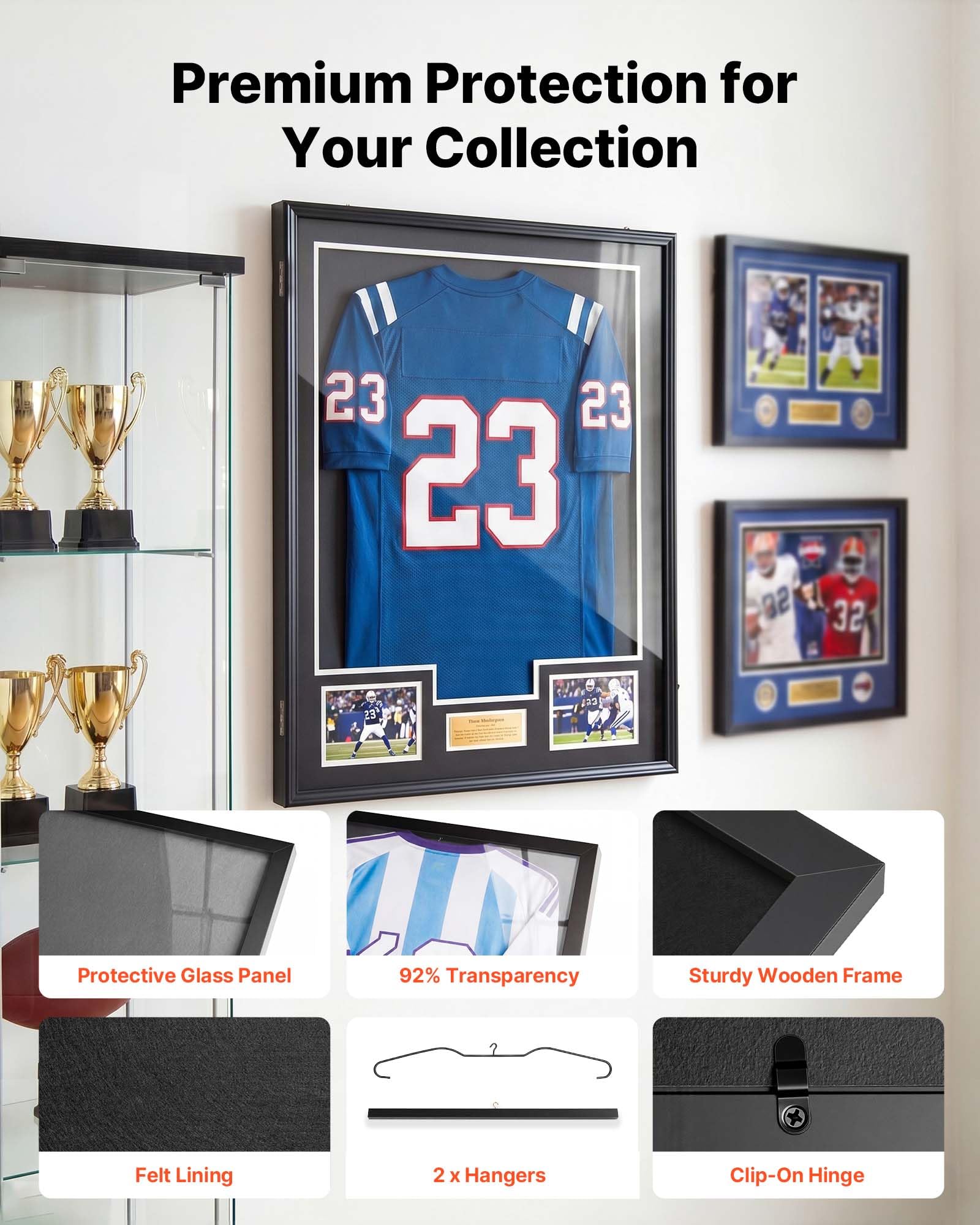 VEVOR Marco de Camisetas de Madera 70 x 90 x 4 cm, Vitrina para Camisetas Deportivas con Panel de Policarbonato con Protección UV, Expositor para Uniformes de Baloncesto, Fútbol, Béisbol, Negro