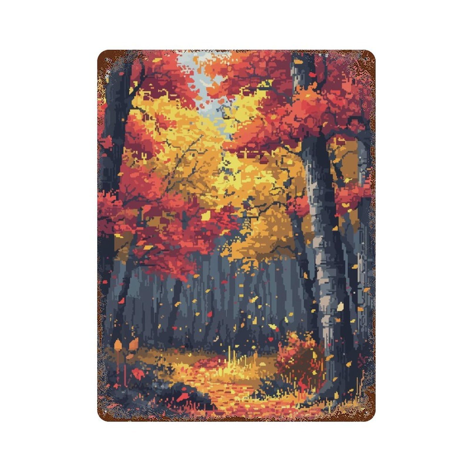 Rust Effect Autumn Trees Pixel Art Vintage Rust Metal Sign 15.7"x11.8", Classic Wall Plaque for Shed, Workshop And Garage Wall Decor