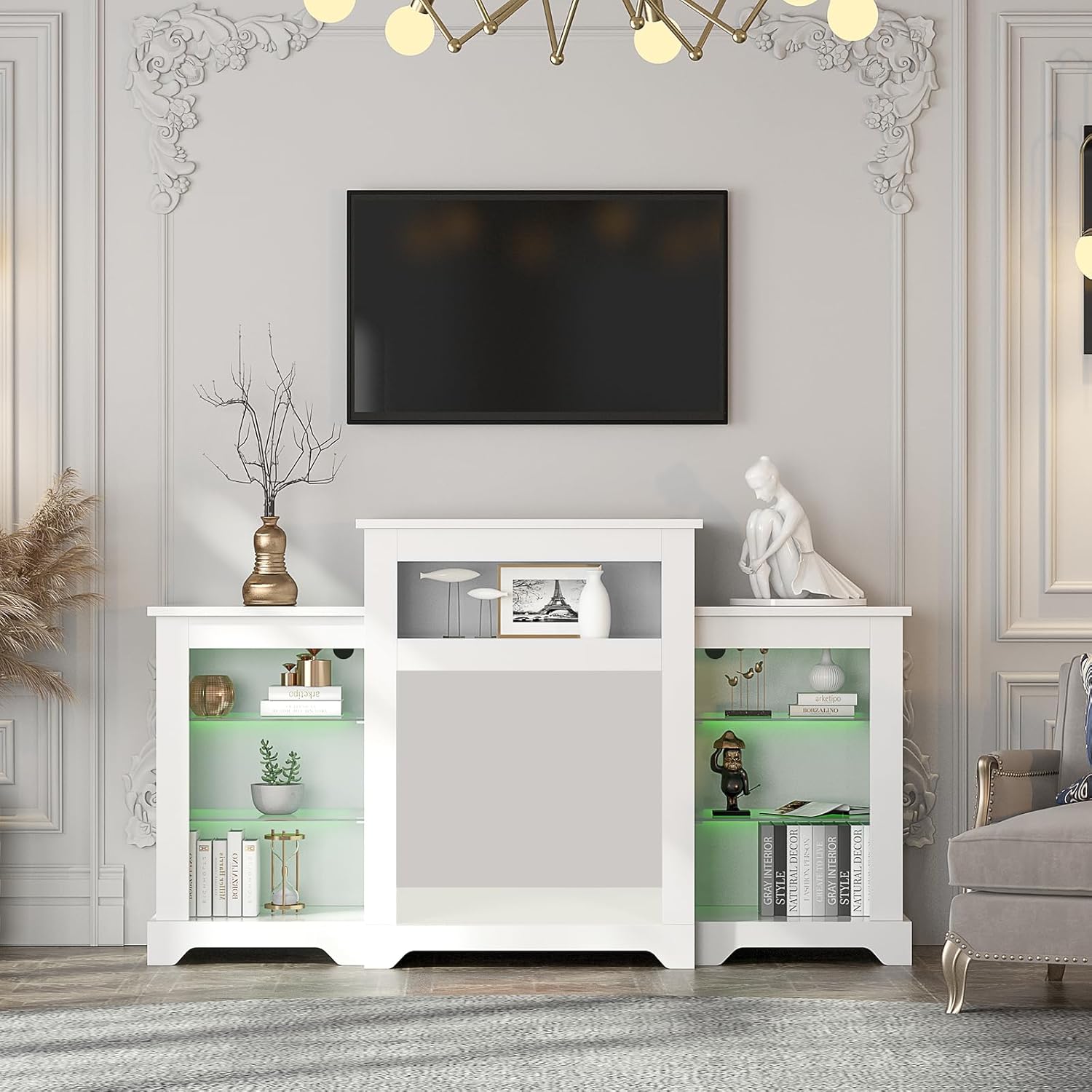 EROMMY 55'' TV Stand, LED Light Entertainment Center with Adjustable Glass Shelves, TV Console for TVs up to 65'' for Living Room, Bedroom, Office